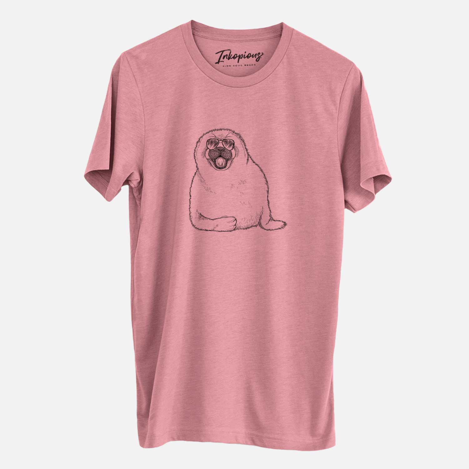 Hand-drawn sketch of Bub the Harp Seal wearing aviator sunglasses on a Mauve Unisex crewneck