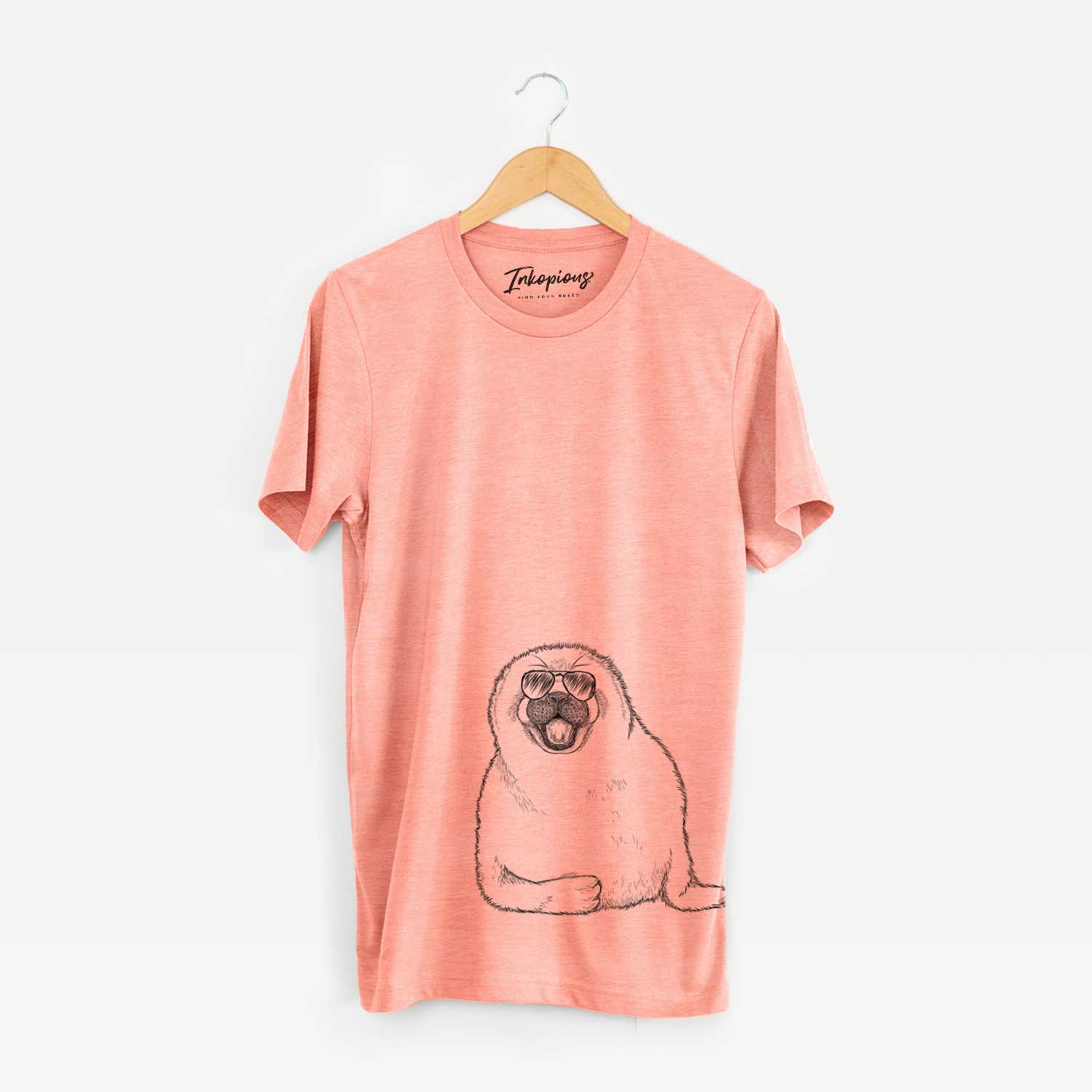 Hand-drawn sketch of Bub the Harp Seal wearing aviator sunglasses on a Sunset Unisex crewneck