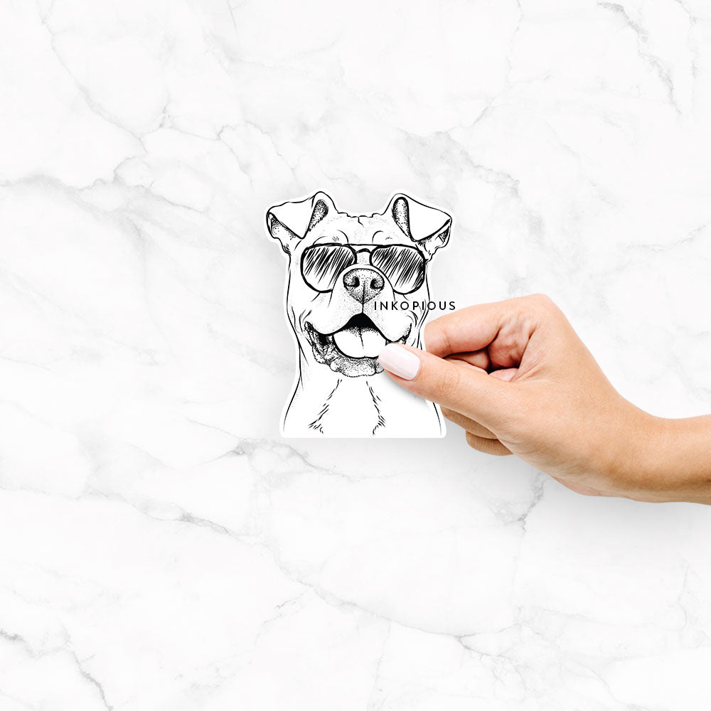 Hand-drawn sketch of Bubba Scraps the AmStaff Mix wearing aviator sunglasses on a decal sticker