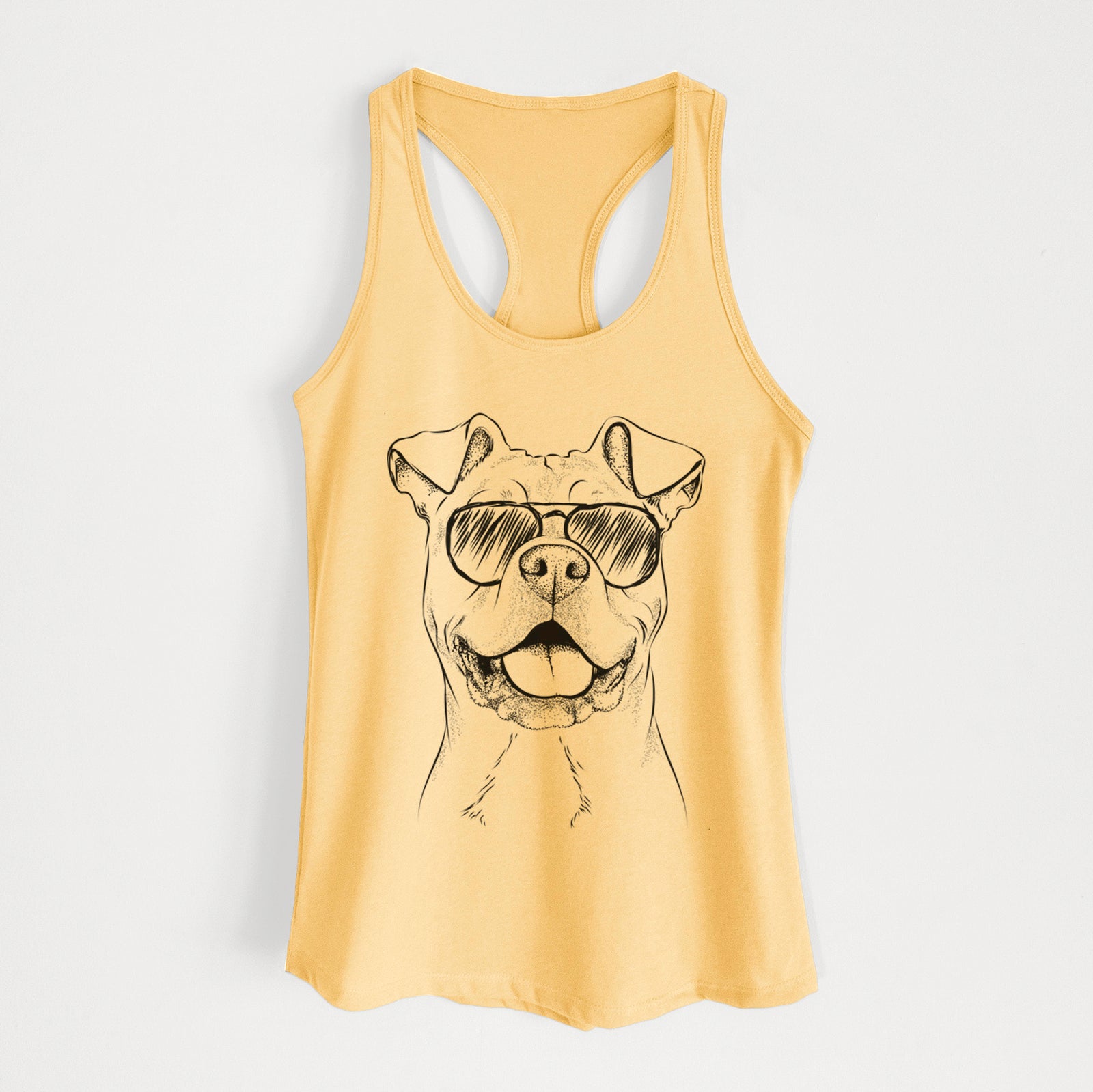 Hand-drawn sketch of Bubba Scraps the American Staffordshire Mix wearing aviator sunglasses on a Banana Cream Women's racerback tanktop
