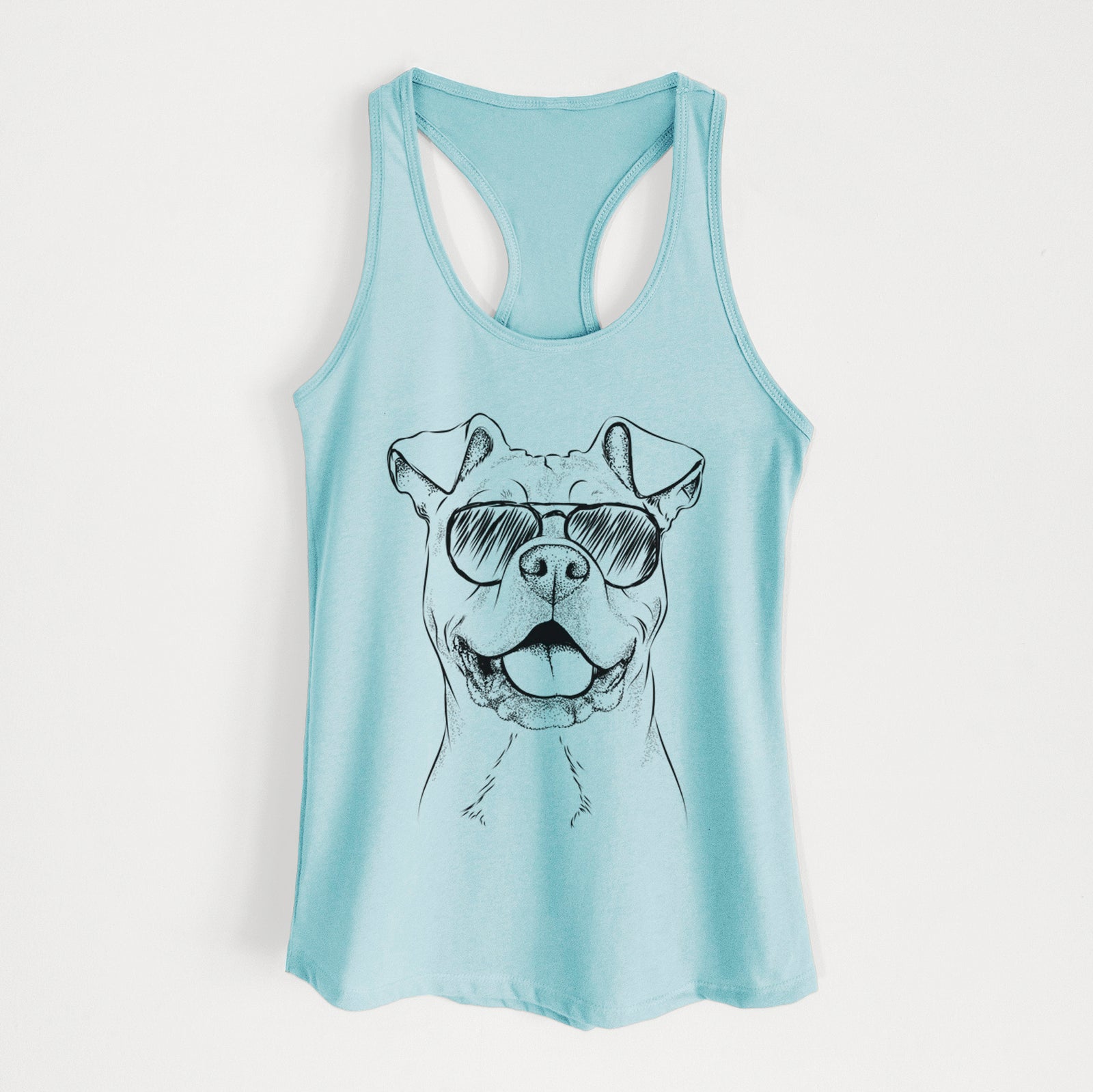 Hand-drawn sketch of Bubba Scraps the American Staffordshire Mix wearing aviator sunglasses on a Cancun Blue Women's racerback tanktop