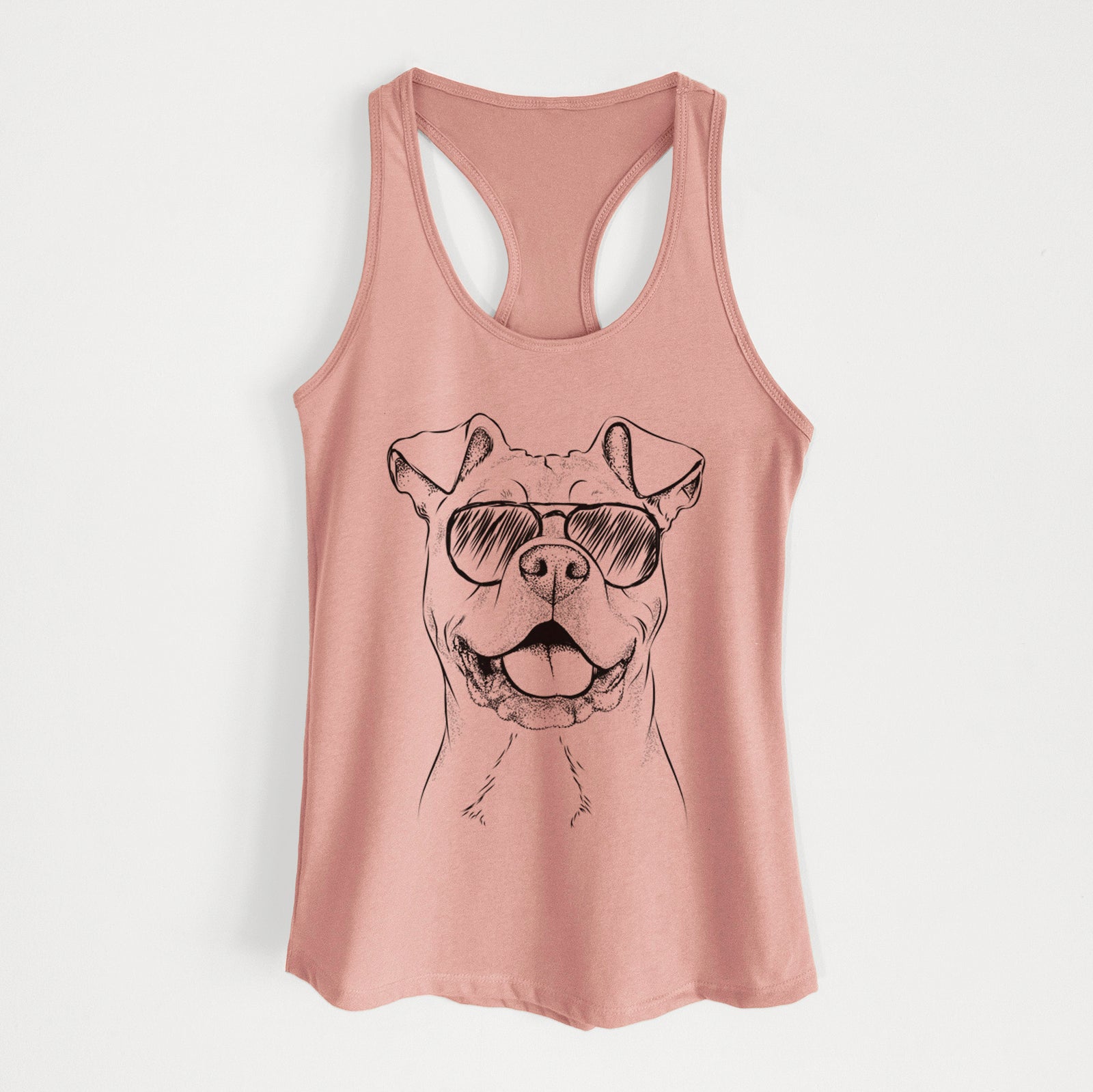 Hand-drawn sketch of Bubba Scraps the American Staffordshire Mix wearing aviator sunglasses on a Desert Pink Women's racerback tanktop
