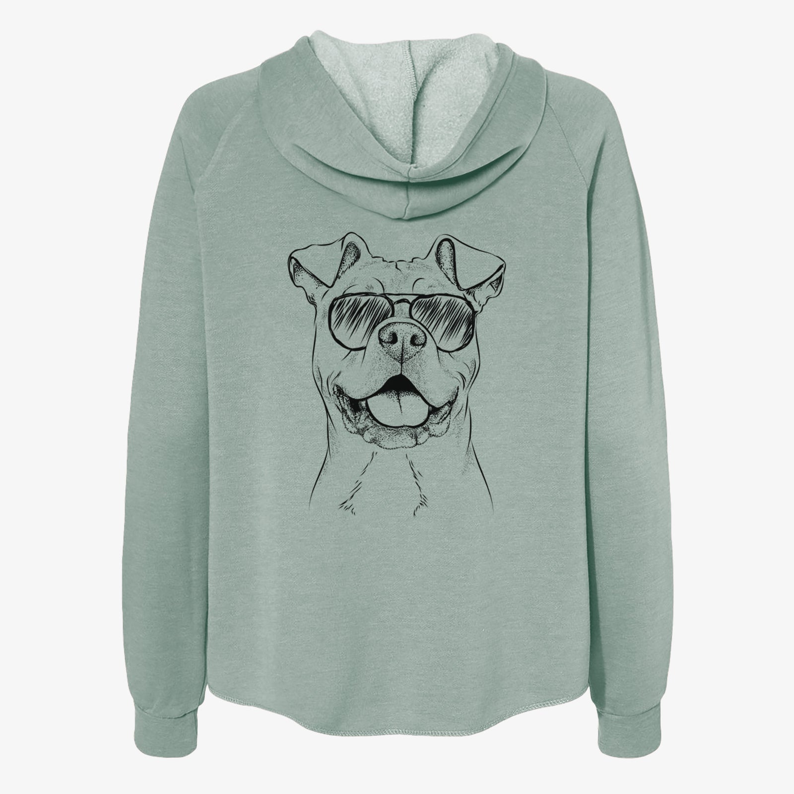 Hand-drawn sketch of Bubba Scraps the American Staffordshire Mix wearing aviator sunglasses on a Sage Women's cali wave zip-up sweatshirt