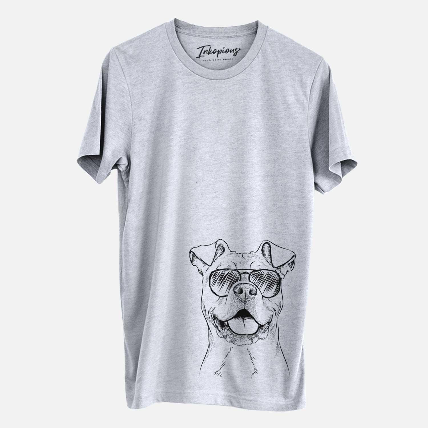 Hand-drawn sketch of Bubba Scraps the American Staffordshire Mix wearing aviator sunglasses on a Grey Unisex crewneck