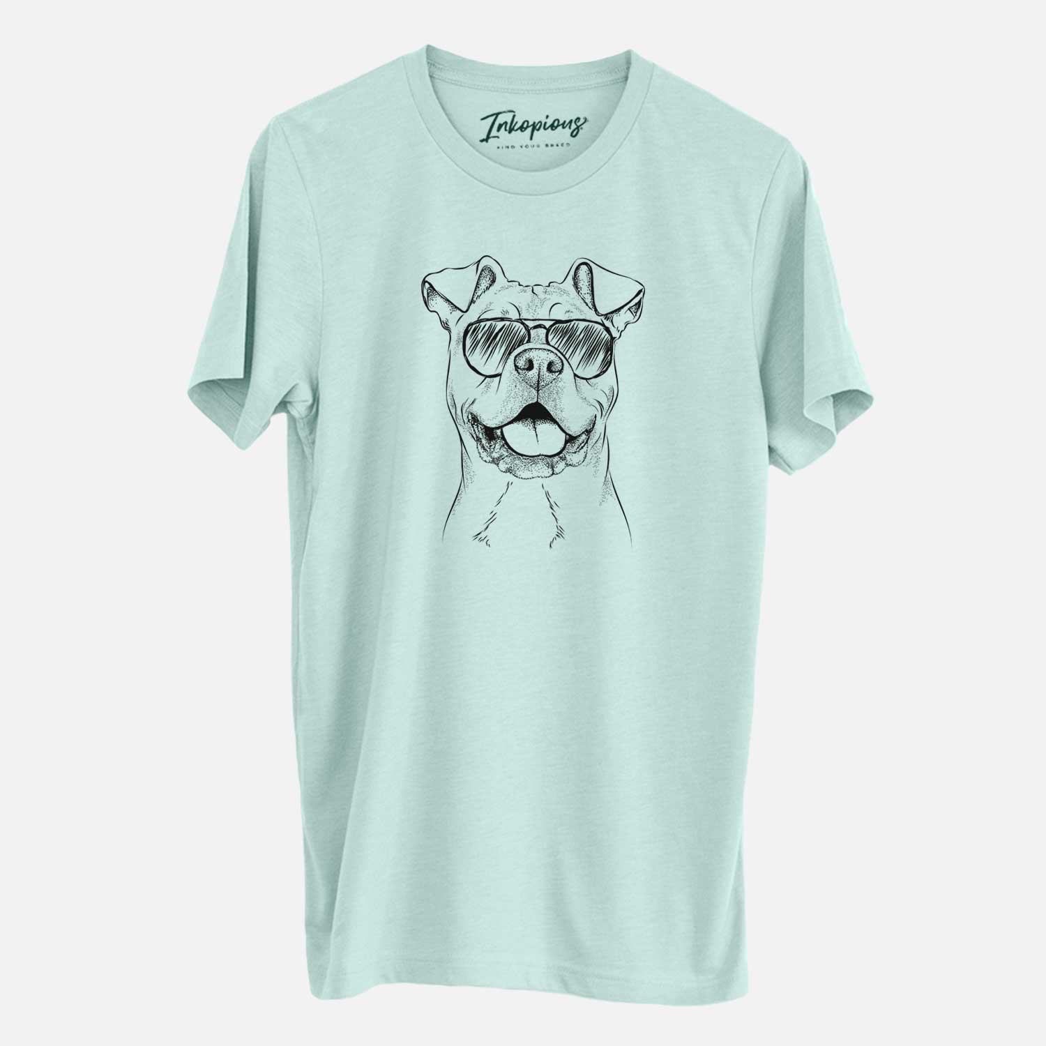 Hand-drawn sketch of Bubba Scraps the American Staffordshire Mix wearing aviator sunglasses on a Heather Sage Unisex crewneck