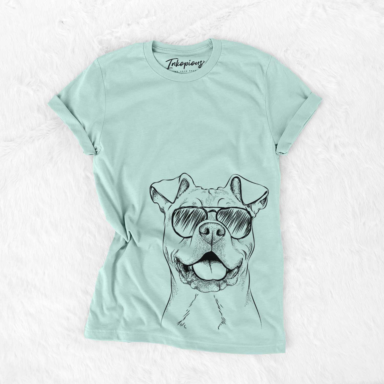 Hand-drawn sketch of Bubba Scraps the American Staffordshire Mix wearing aviator sunglasses on a Heather Sage Unisex crewneck