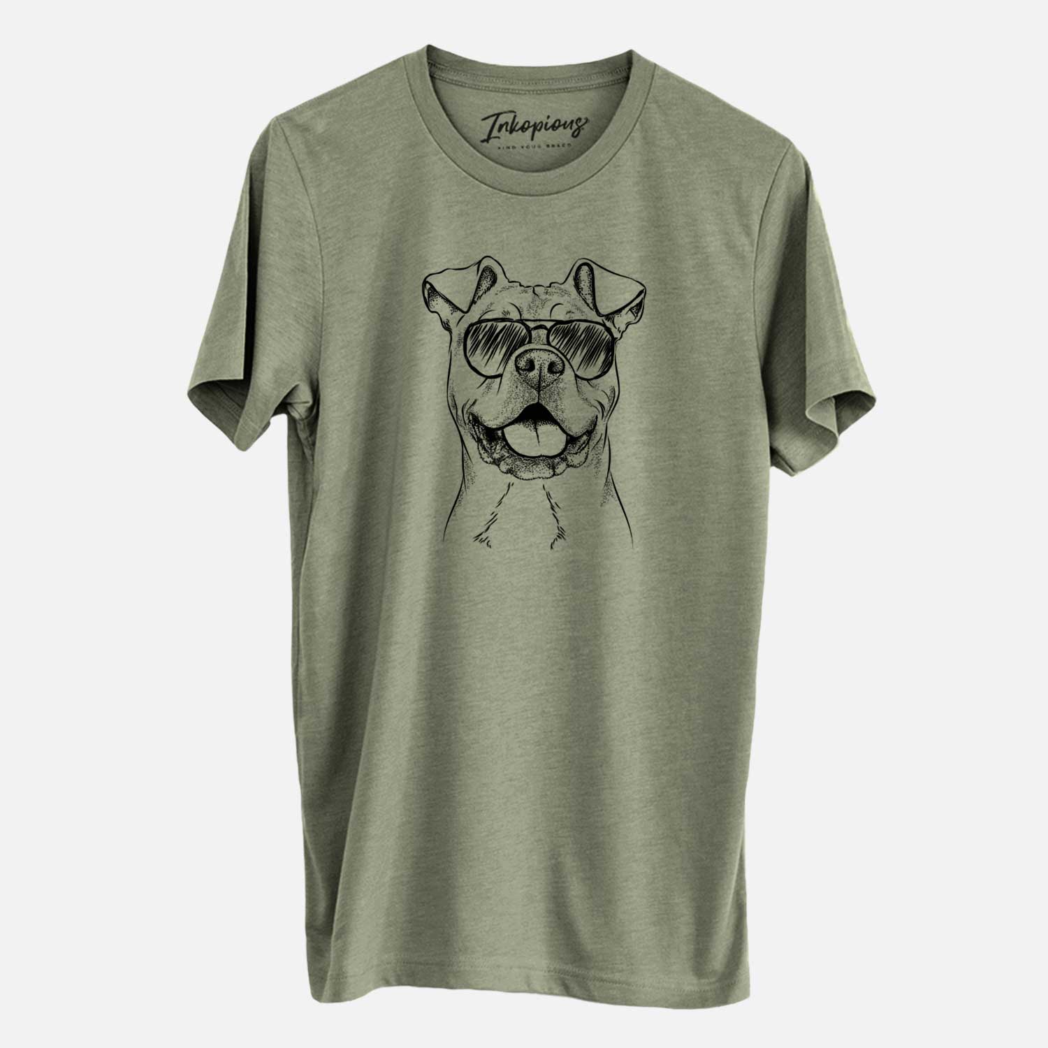 Hand-drawn sketch of Bubba Scraps the American Staffordshire Mix wearing aviator sunglasses on an Olive Unisex crewneck