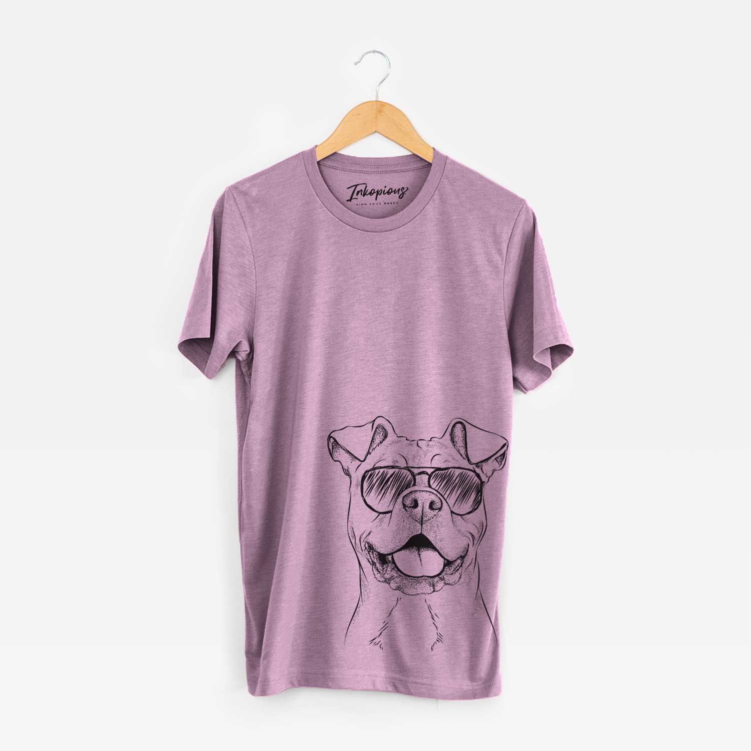 Hand-drawn sketch of Bubba Scraps the American Staffordshire Mix wearing aviator sunglasses on an Orchid Unisex crewneck