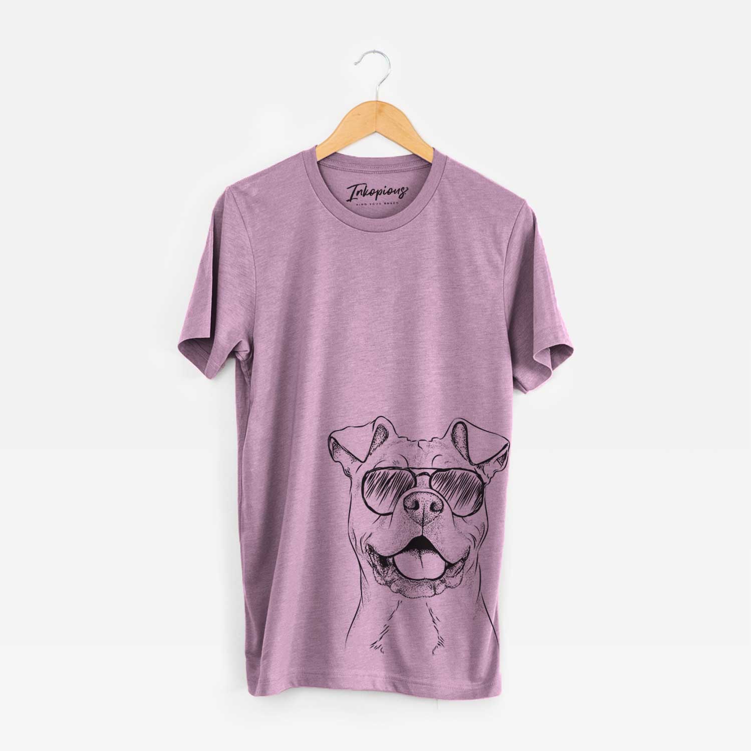 Hand-drawn sketch of Bubba Scraps the AmStaff Mix wearing aviator sunglasses on an Orchid Bella Canvas Unisex Crewneck