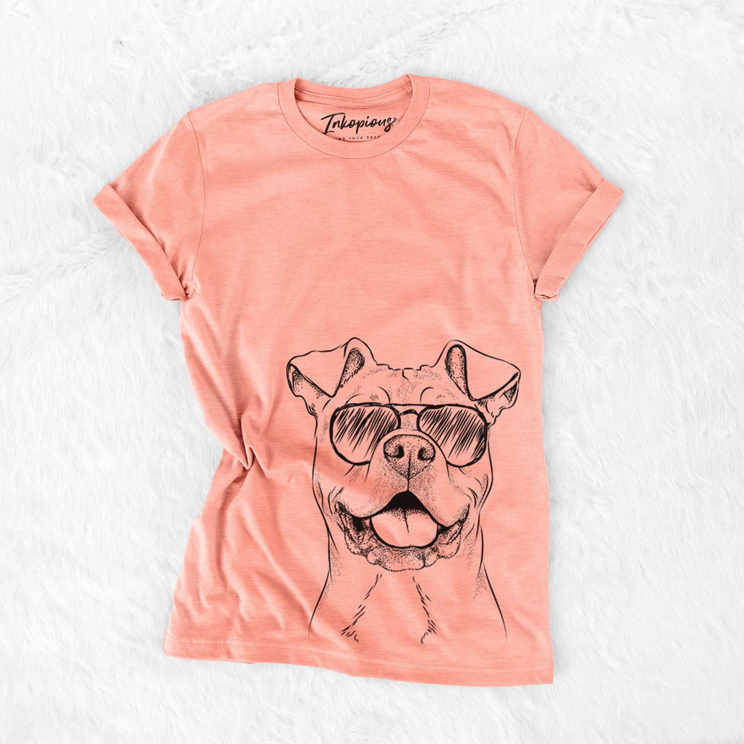 Hand-drawn sketch of Bubba Scraps the AmStaff Mix wearing aviator sunglasses on a Sunset Bella Canvas Unisex Crewneck