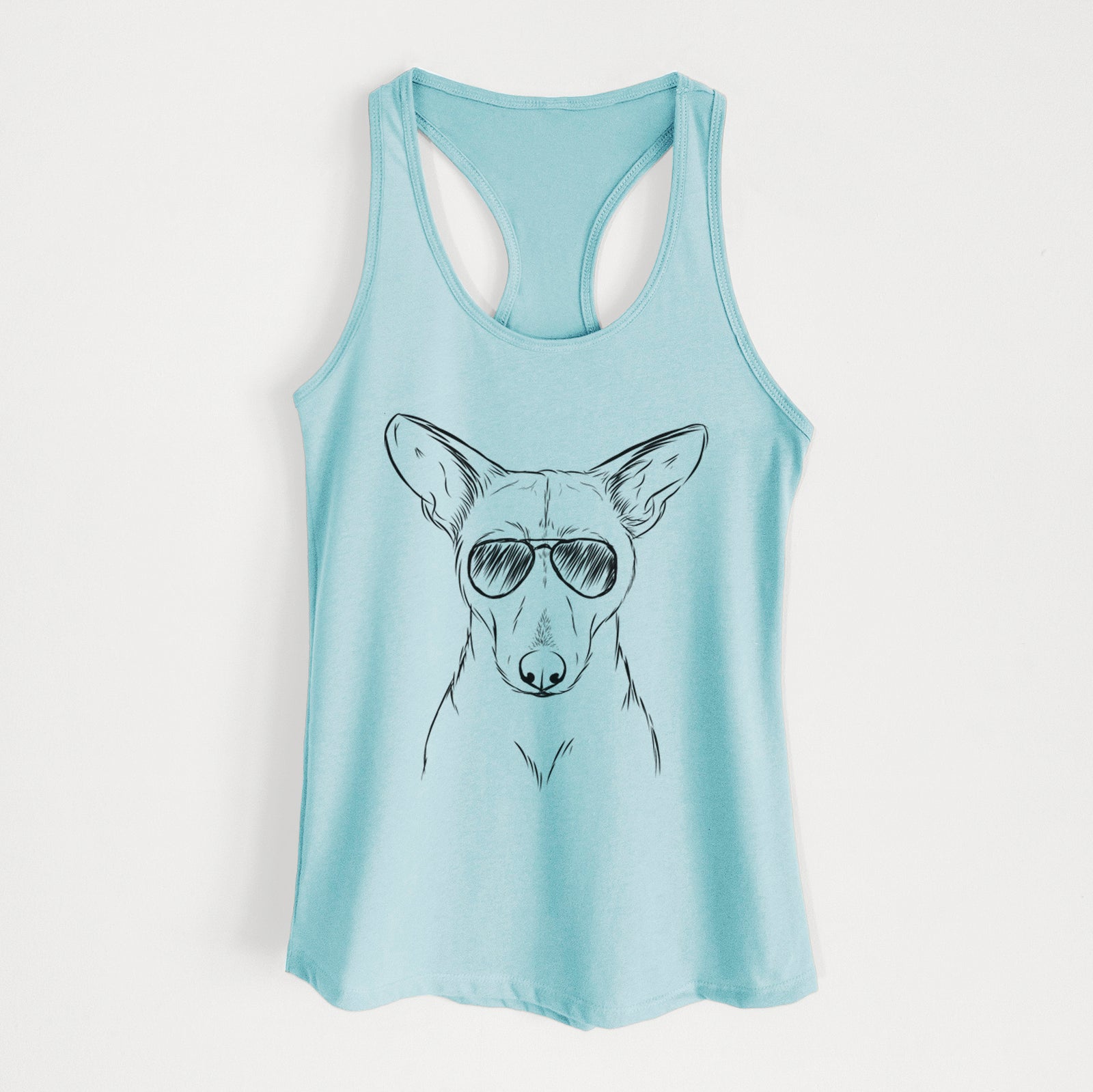 Hand-drawn sketch of Buff the Dorgi wearing aviator sunglasses on a Cancun Blue Women's racerback tanktop