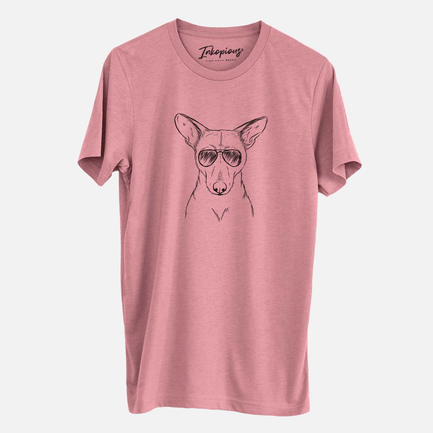 Hand-drawn sketch of Buff the Dorgi wearing aviator sunglasses on a Mauve Unisex crewneck