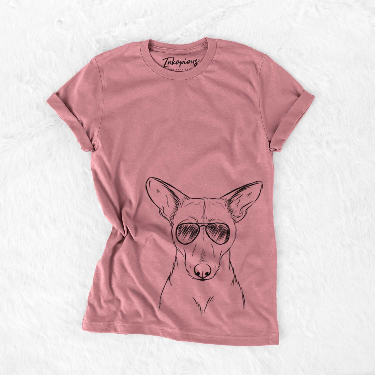 Hand-drawn sketch of Buff the Dorgi wearing aviator sunglasses on a Mauve Unisex crewneck