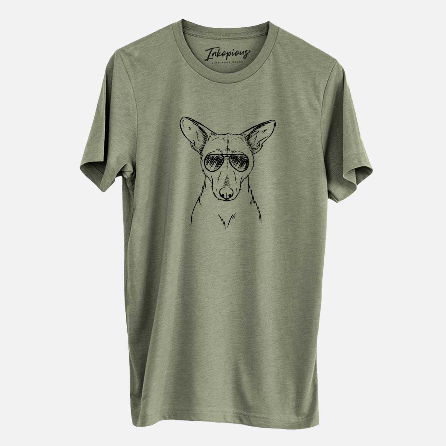 Hand-drawn sketch of Buff the Dorgi wearing aviator sunglasses on an Olive Unisex crewneck