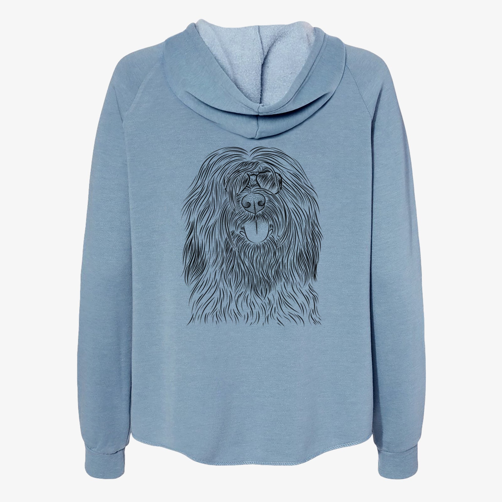 Hand-drawn sketch of Bundy the Briard wearing aviator sunglasses on a Misty Blue Women's cali wave zip-up sweatshirt