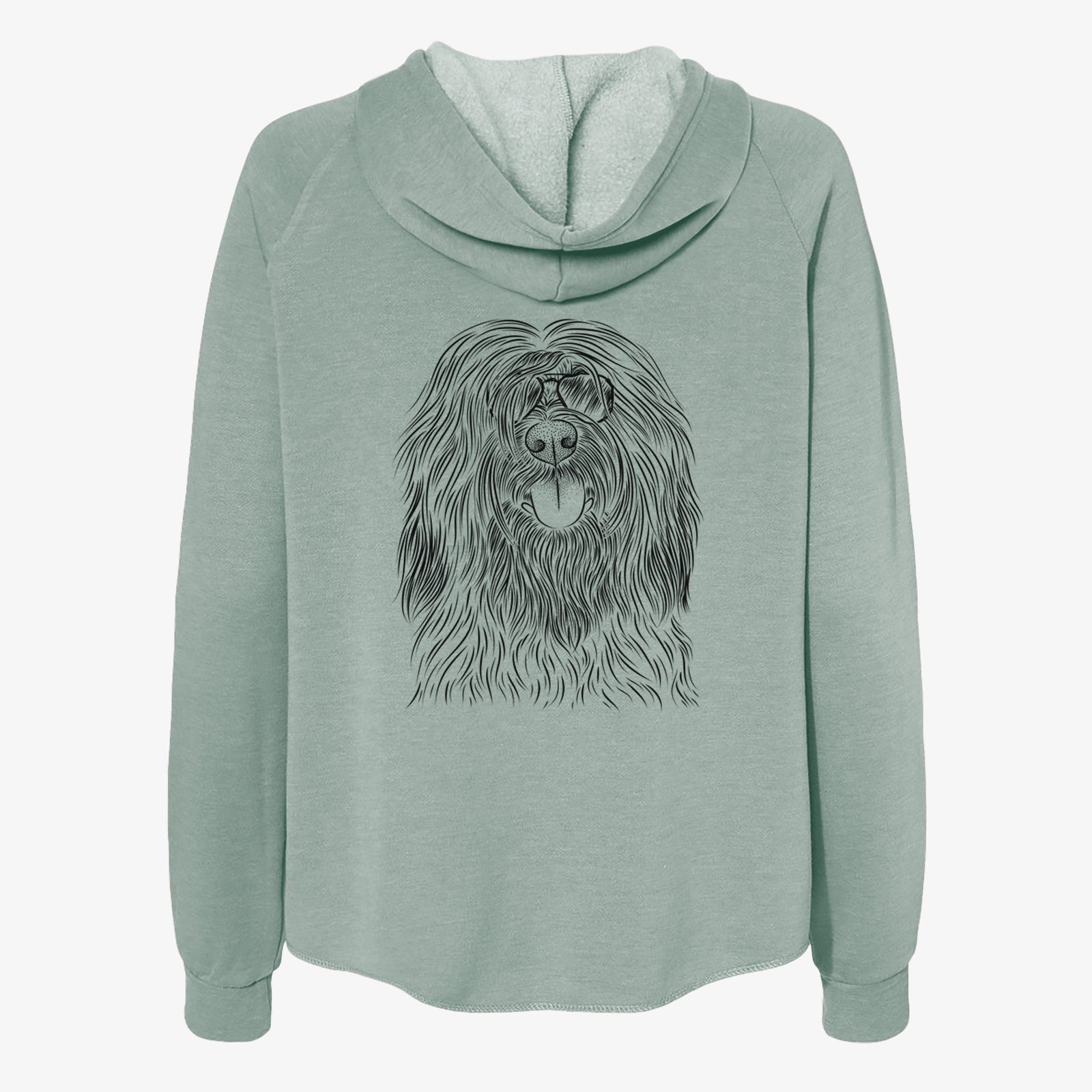 Hand-drawn sketch of Bundy the Briard wearing aviator sunglasses on a Sage Women's cali wave zip-up sweatshirt