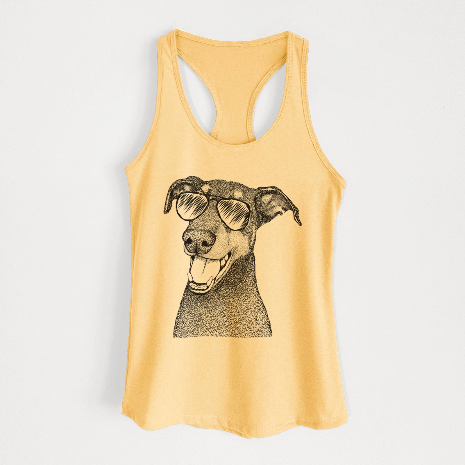 Hand-drawn sketch of Bunnie the Doberman Pinscher wearing aviator sunglasses on a Banana Cream Women's racerback tanktop
