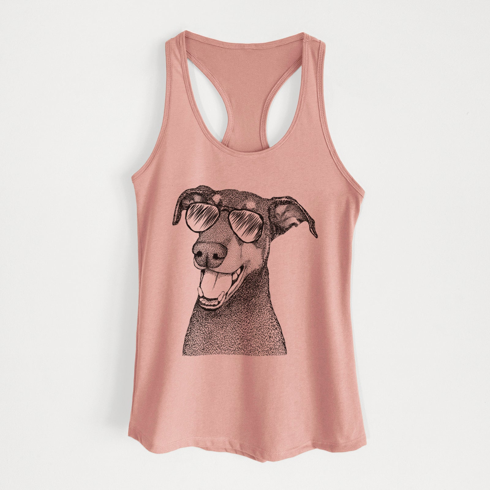 Hand-drawn sketch of Bunnie the Doberman Pinscher wearing aviator sunglasses on a Desert Pink Women's racerback tanktop