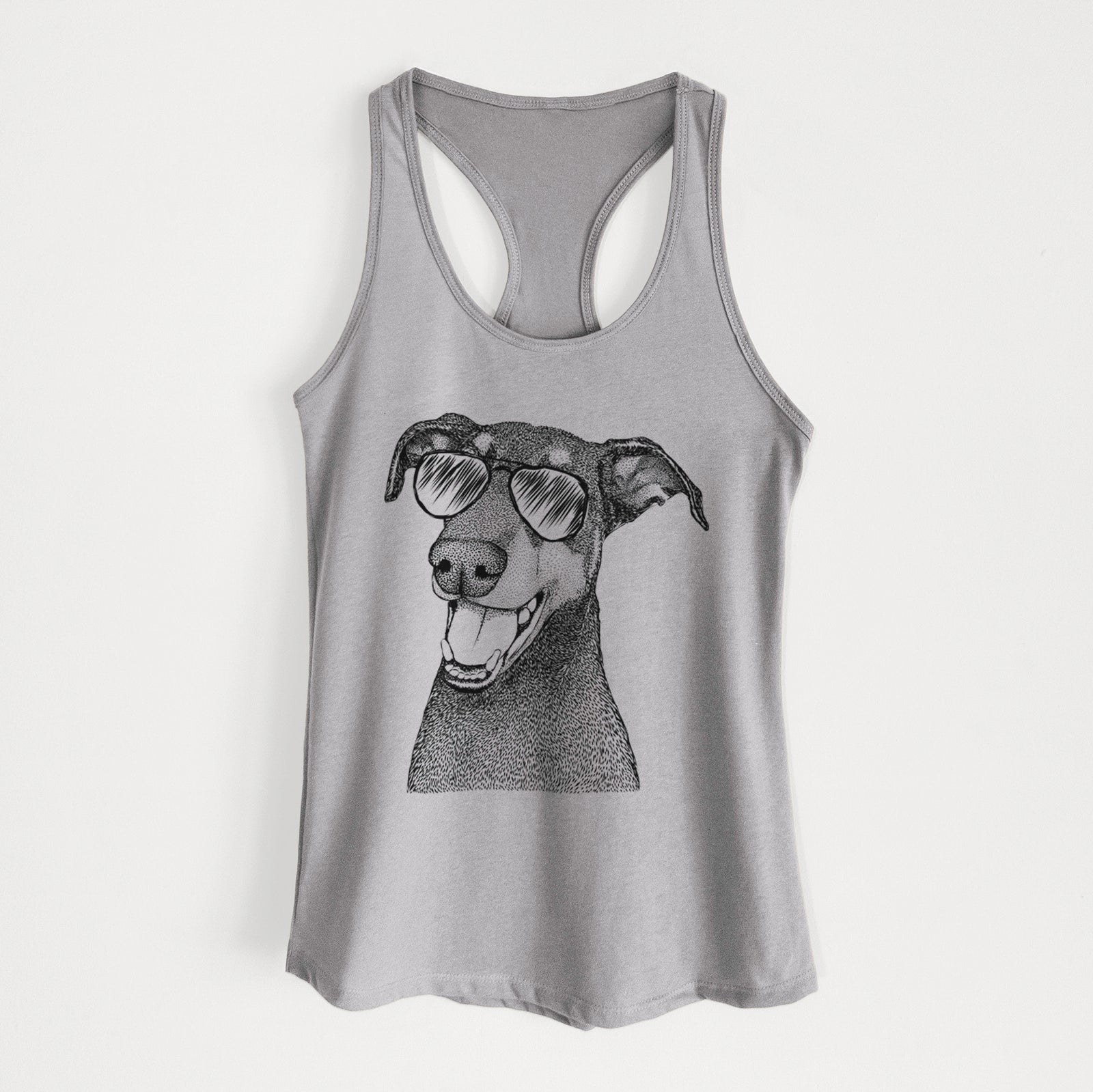Hand-drawn sketch of Bunnie the Doberman Pinscher wearing aviator sunglasses on a Heather Grey Women's racerback tanktop