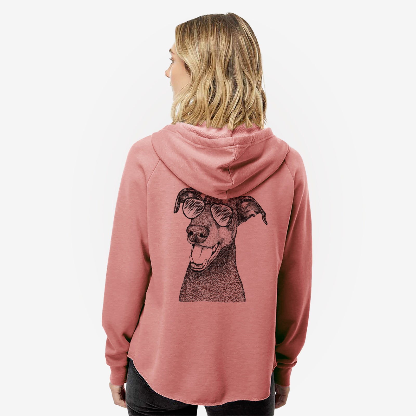 Hand-drawn sketch of Bunnie the Doberman Pinscher wearing aviator sunglasses on a Dusty Rose Women's cali wave zip-up sweatshirt