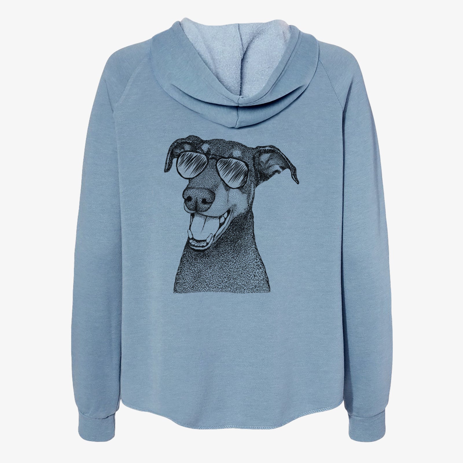 Hand-drawn sketch of Bunnie the Doberman Pinscher wearing aviator sunglasses on a Misty Blue Women's cali wave zip-up sweatshirt