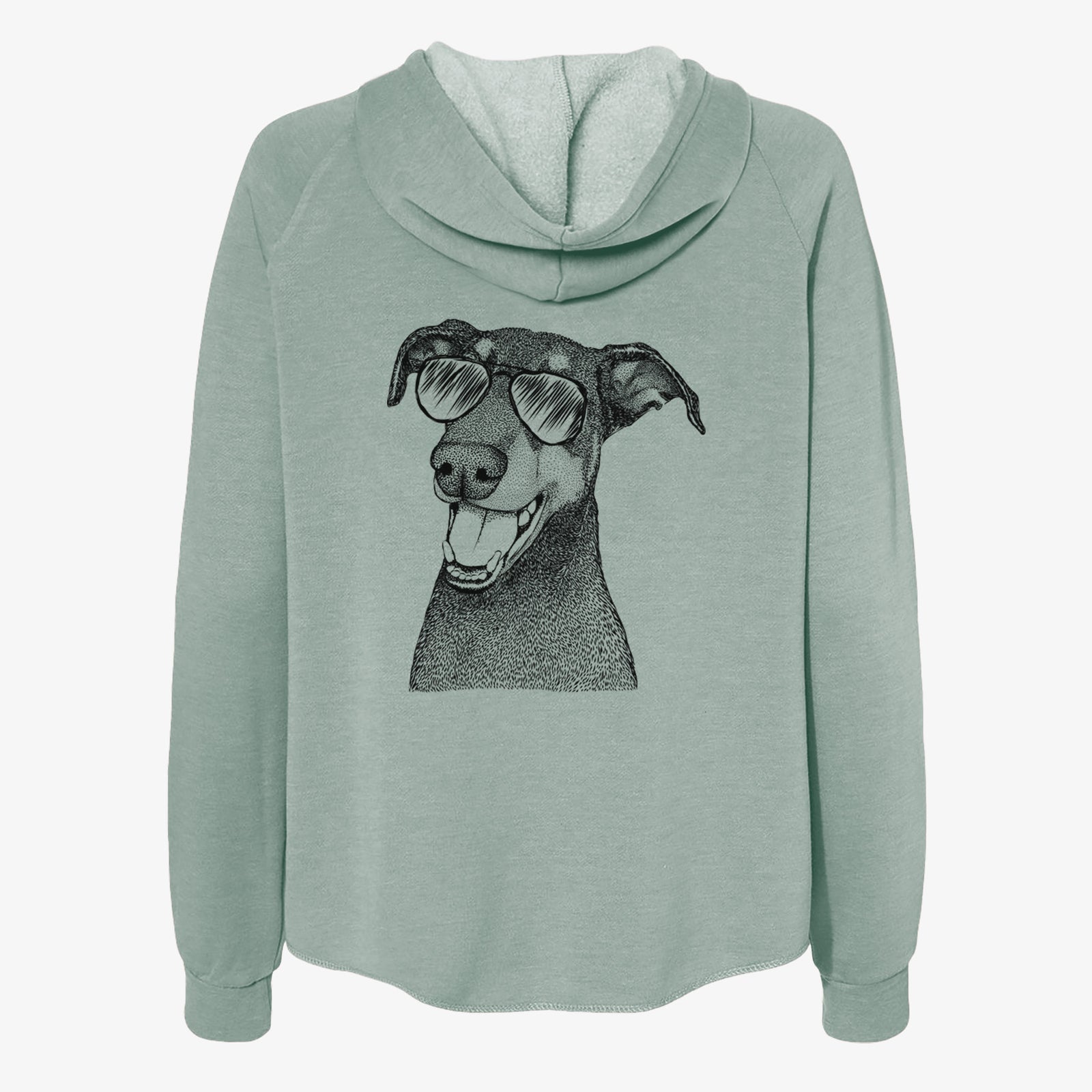 Hand-drawn sketch of Bunnie the Doberman Pinscher wearing aviator sunglasses on a Sage Women's cali wave zip-up sweatshirt