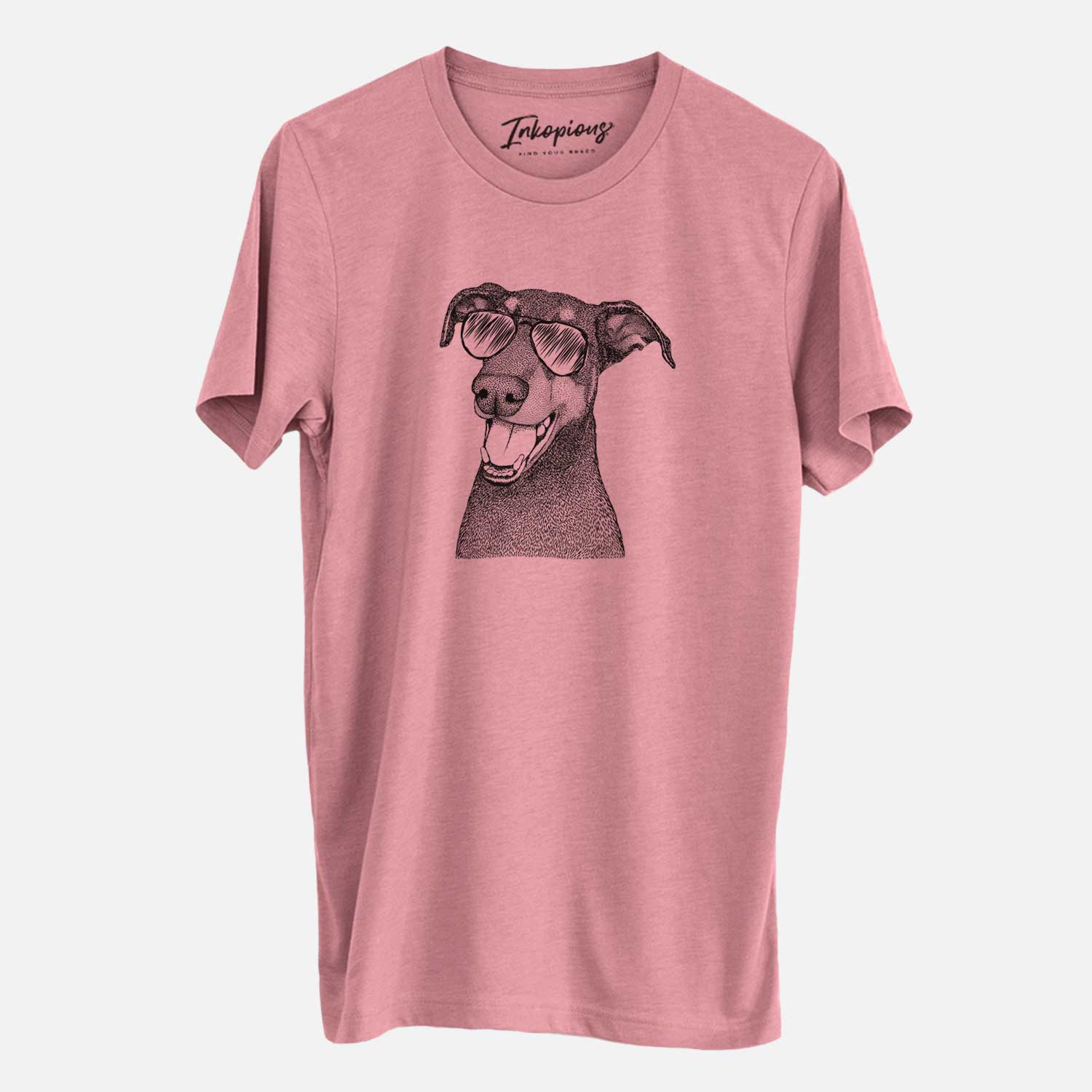 Hand-drawn sketch of Bunnie the Doberman Pinscher wearing aviator sunglasses on a Mauve Unisex crewneck
