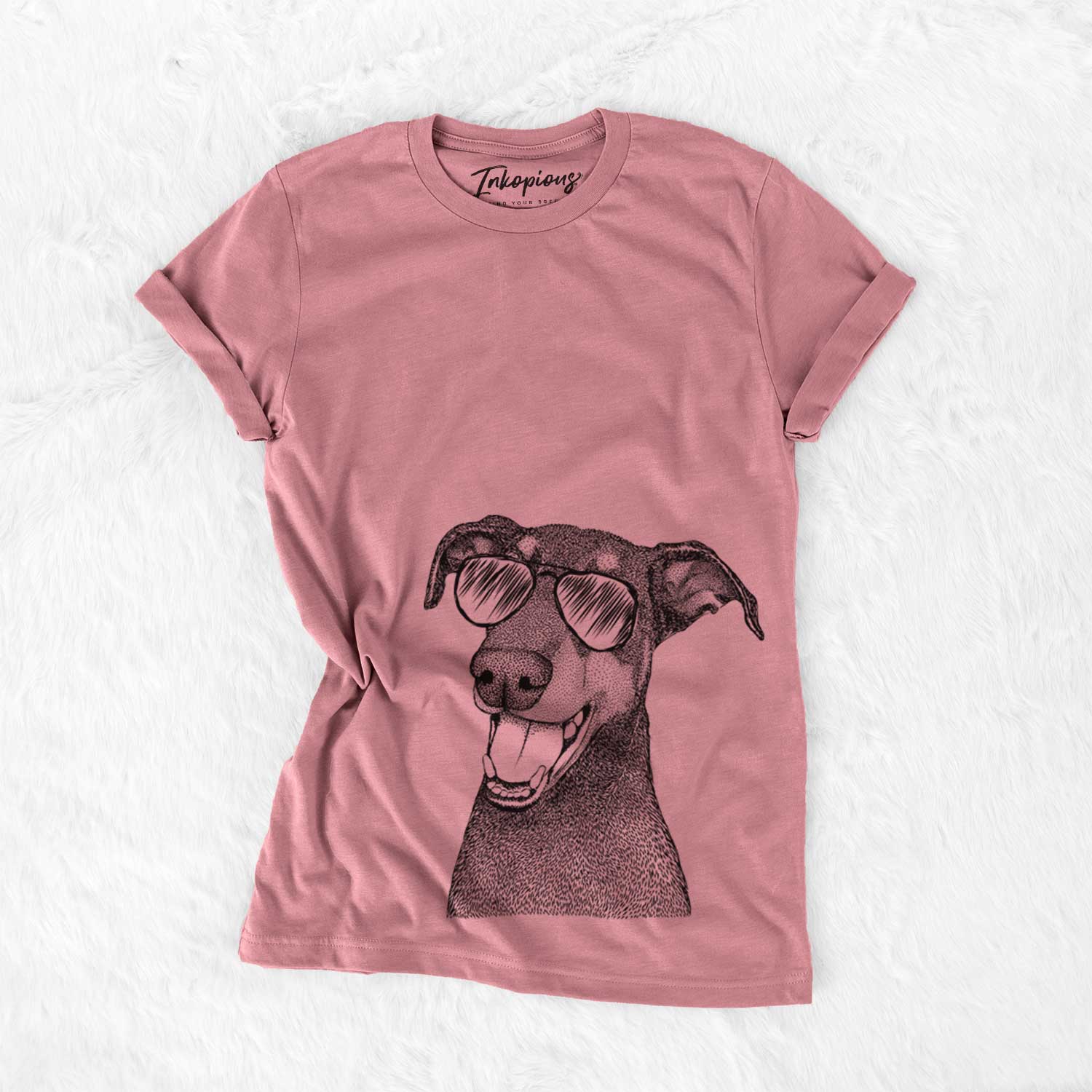 Hand-drawn sketch of Bunnie the Doberman Pinscher wearing aviator sunglasses on a Mauve Unisex crewneck