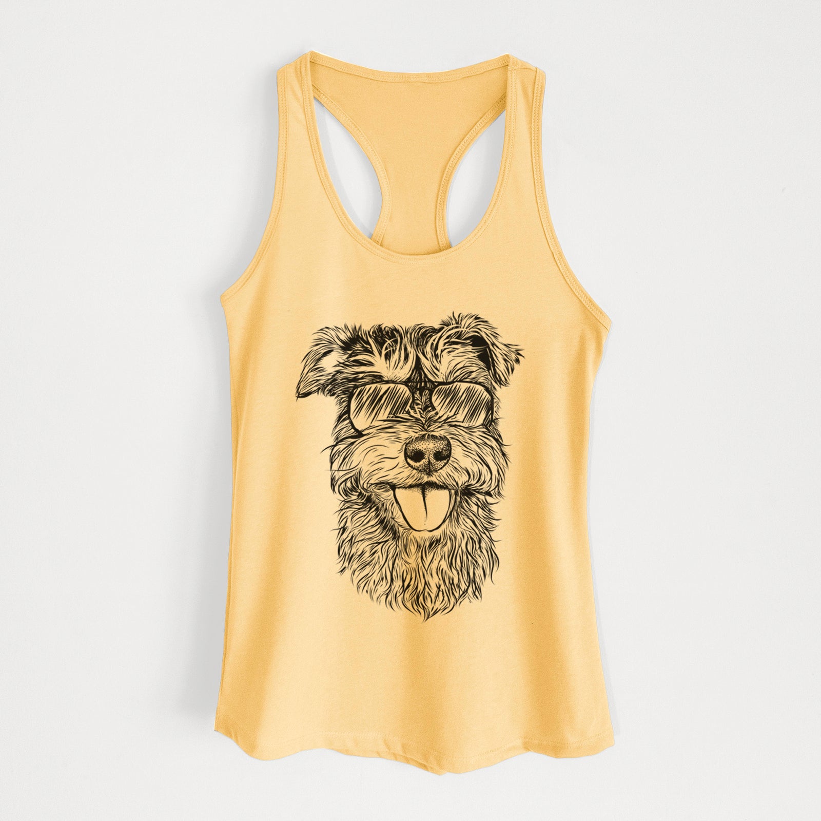 Hand-drawn sketch of Buster the Schnoodle wearing aviator sunglasses on a Banana Cream Women's racerback tanktop