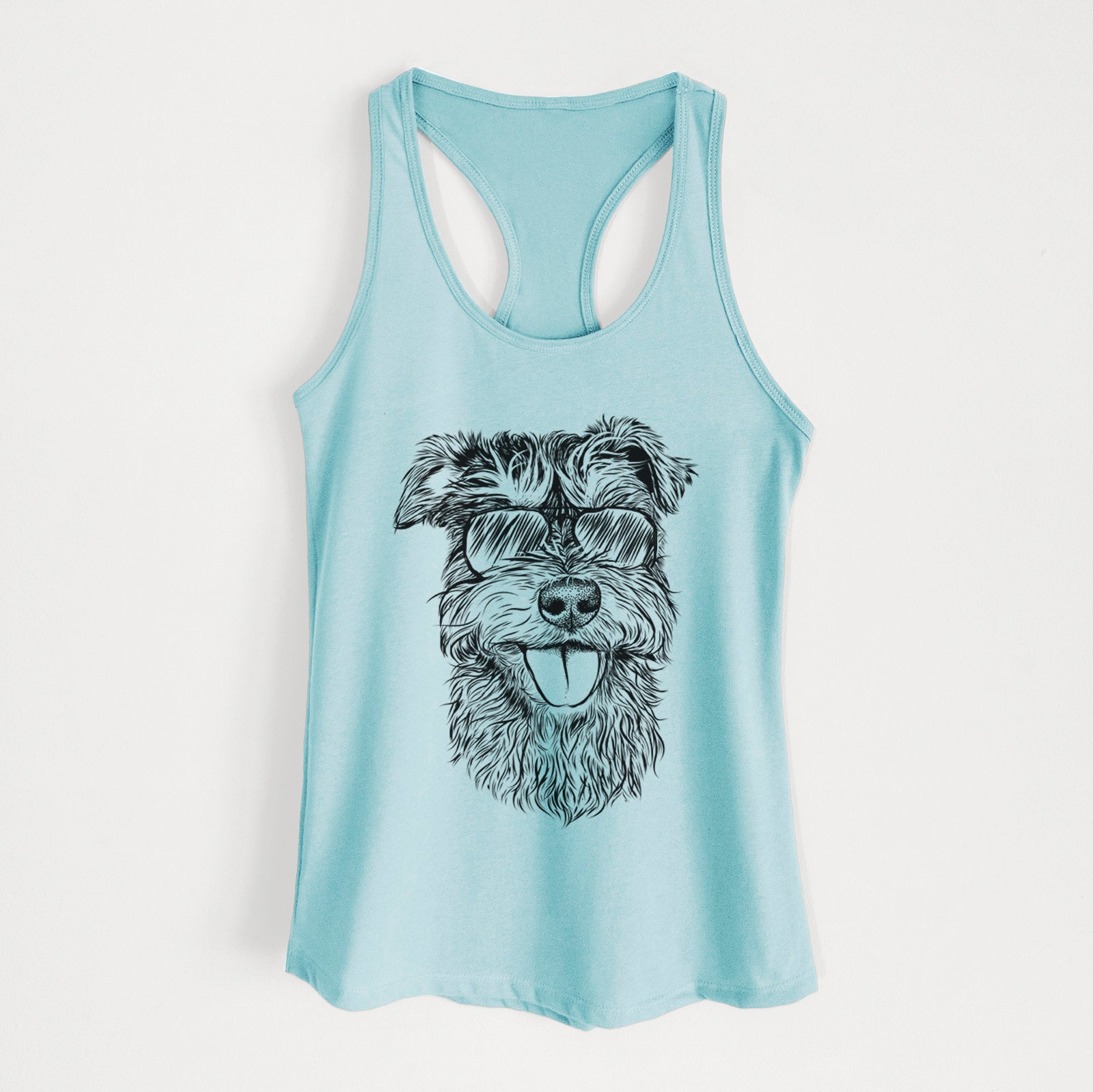 Hand-drawn sketch of Buster the Schnoodle wearing aviator sunglasses on a Cancun Blue Women's racerback tanktop