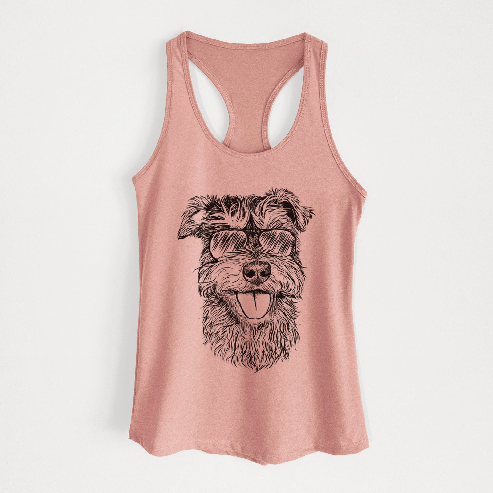 Hand-drawn sketch of Buster the Schnoodle wearing aviator sunglasses on a Desert Pink Women's racerback tanktop