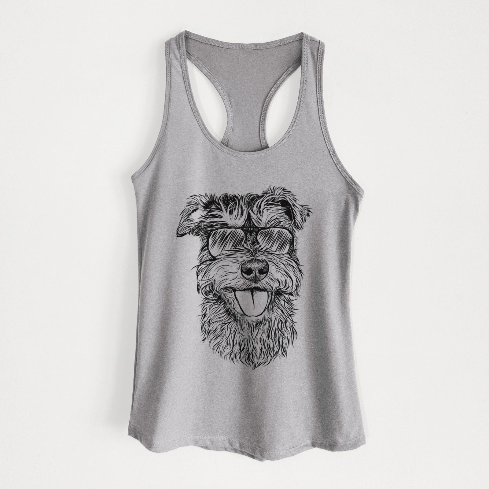 Hand-drawn sketch of Buster the Schnoodle wearing aviator sunglasses on a Heather Grey Women's racerback tanktop
