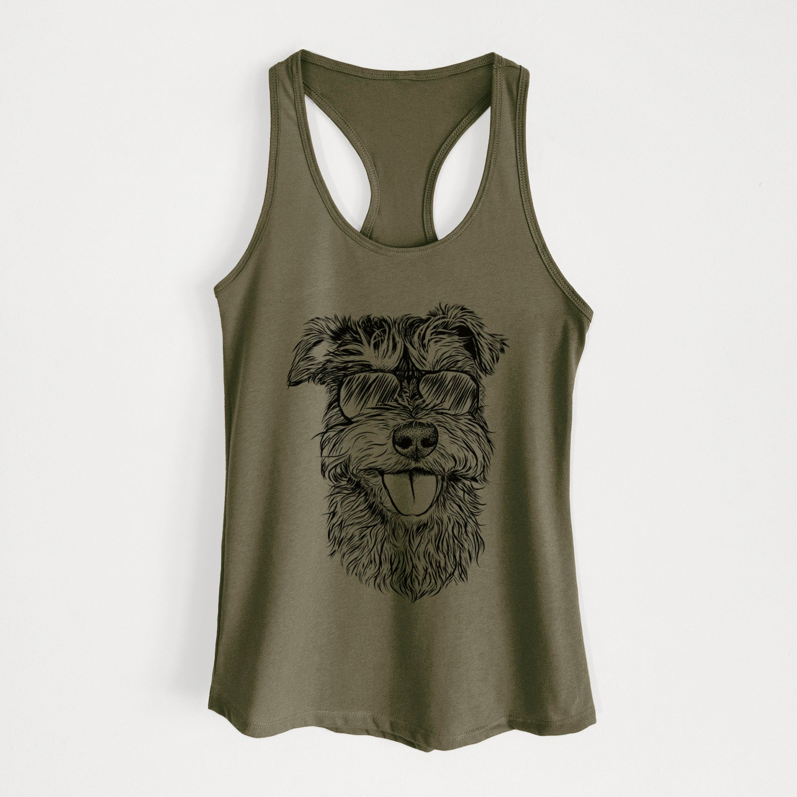 Hand-drawn sketch of Buster the Schnoodle wearing aviator sunglasses on a Military Green Women's racerback tanktop