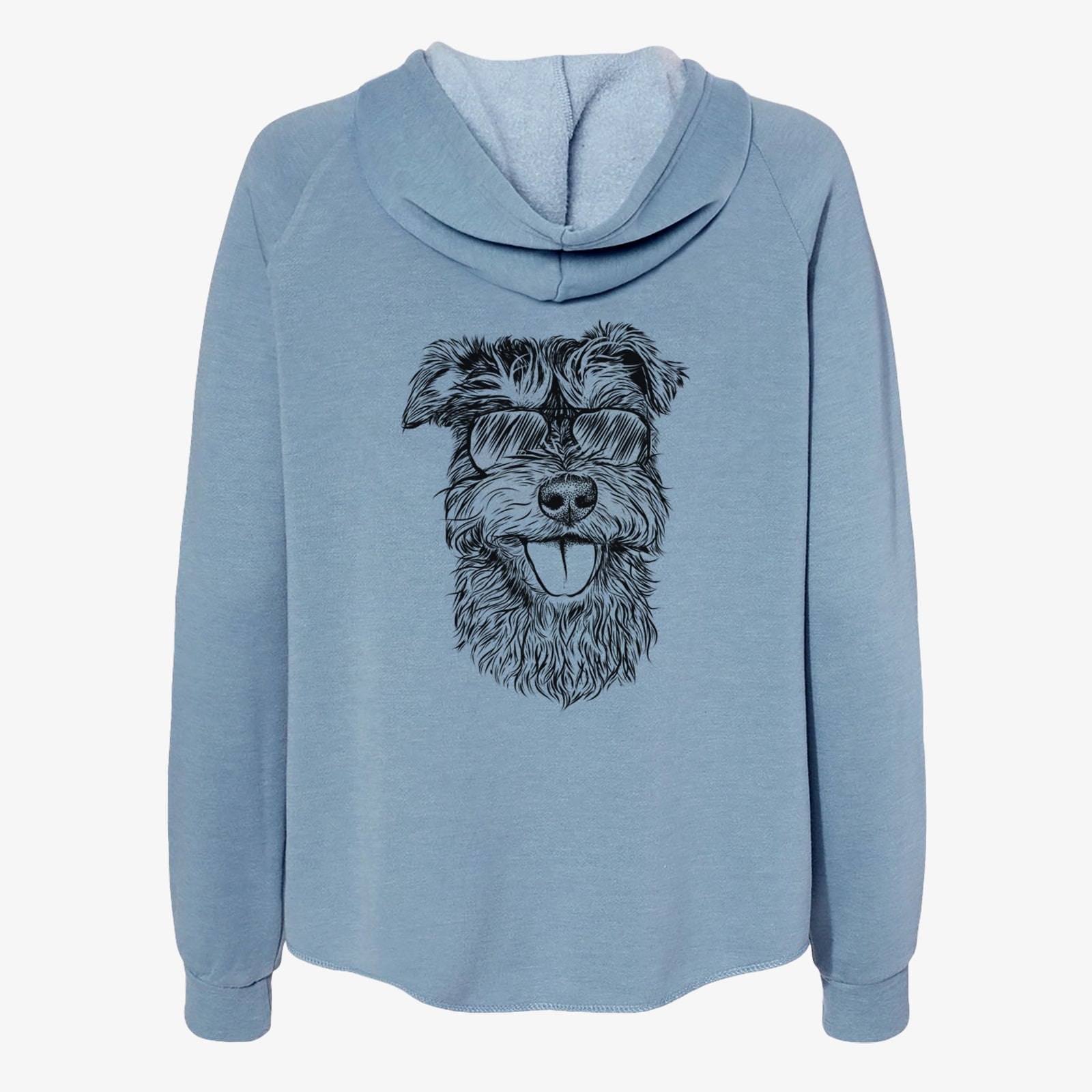 Hand-drawn sketch of Buster the Schnoodle wearing aviator sunglasses on a Misty Blue Women's cali wave zip-up sweatshirt