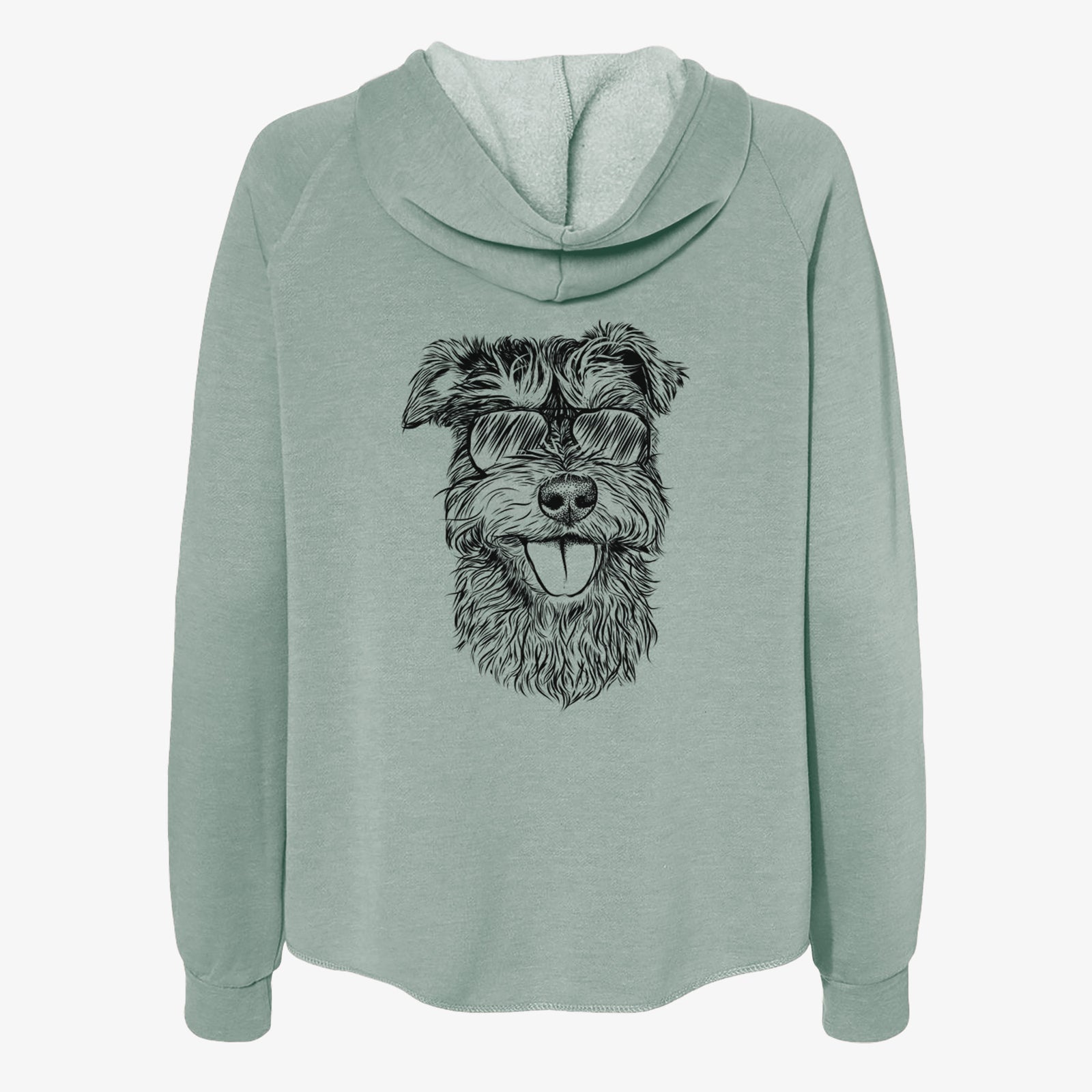 Hand-drawn sketch of Buster the Schnoodle wearing aviator sunglasses on a Sage Women's cali wave zip-up sweatshirt