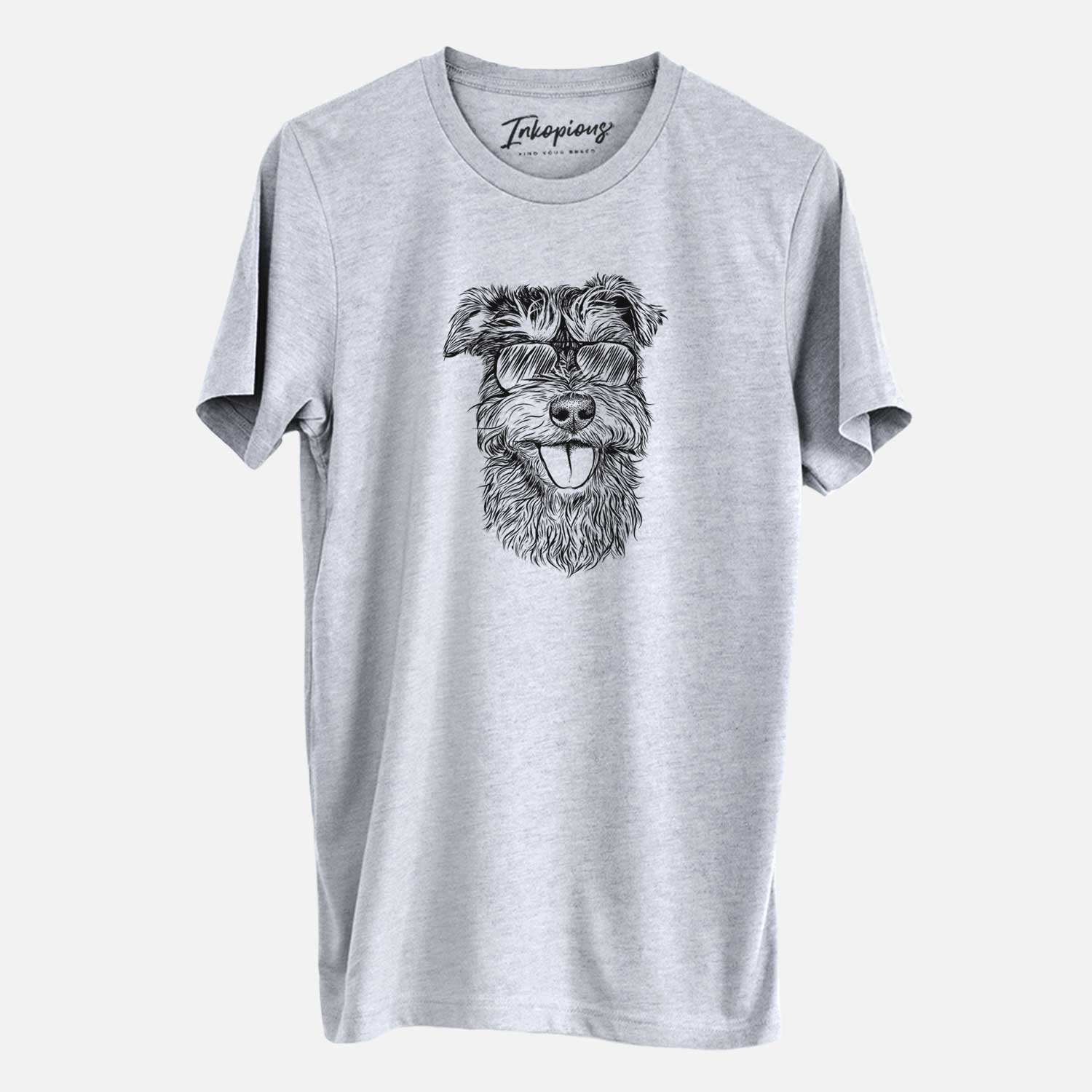 Hand-drawn sketch of Buster the Schnoodle wearing aviator sunglasses on a Grey Unisex crewneck