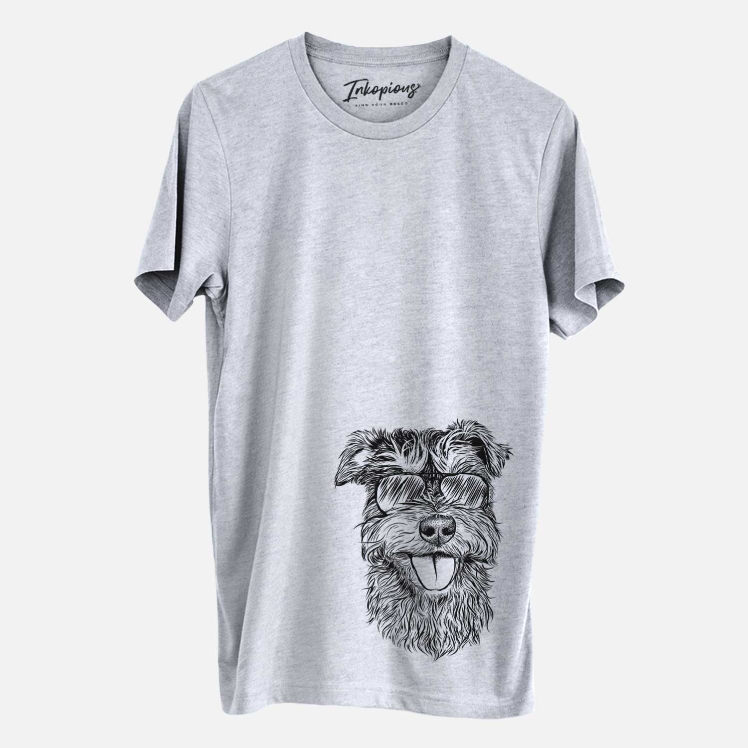Hand-drawn sketch of Buster the Schnoodle wearing aviator sunglasses on a Grey Unisex crewneck