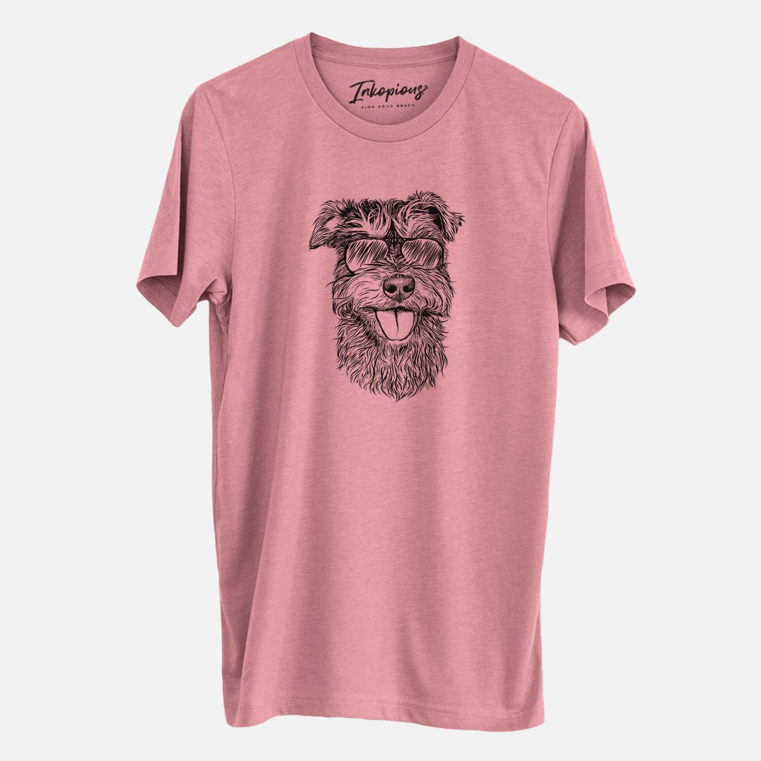 Hand-drawn sketch of Buster the Schnoodle wearing aviator sunglasses on a Mauve Unisex crewneck