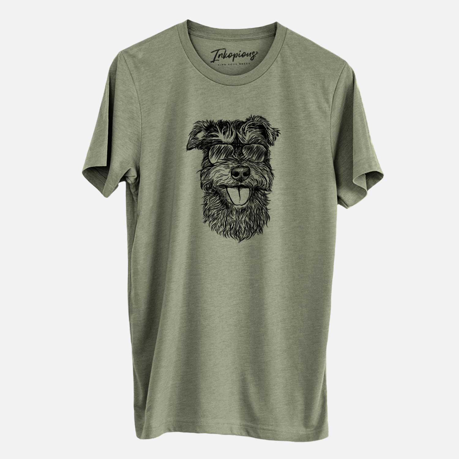 Hand-drawn sketch of Buster the Schnoodle wearing aviator sunglasses on an Olive Unisex crewneck