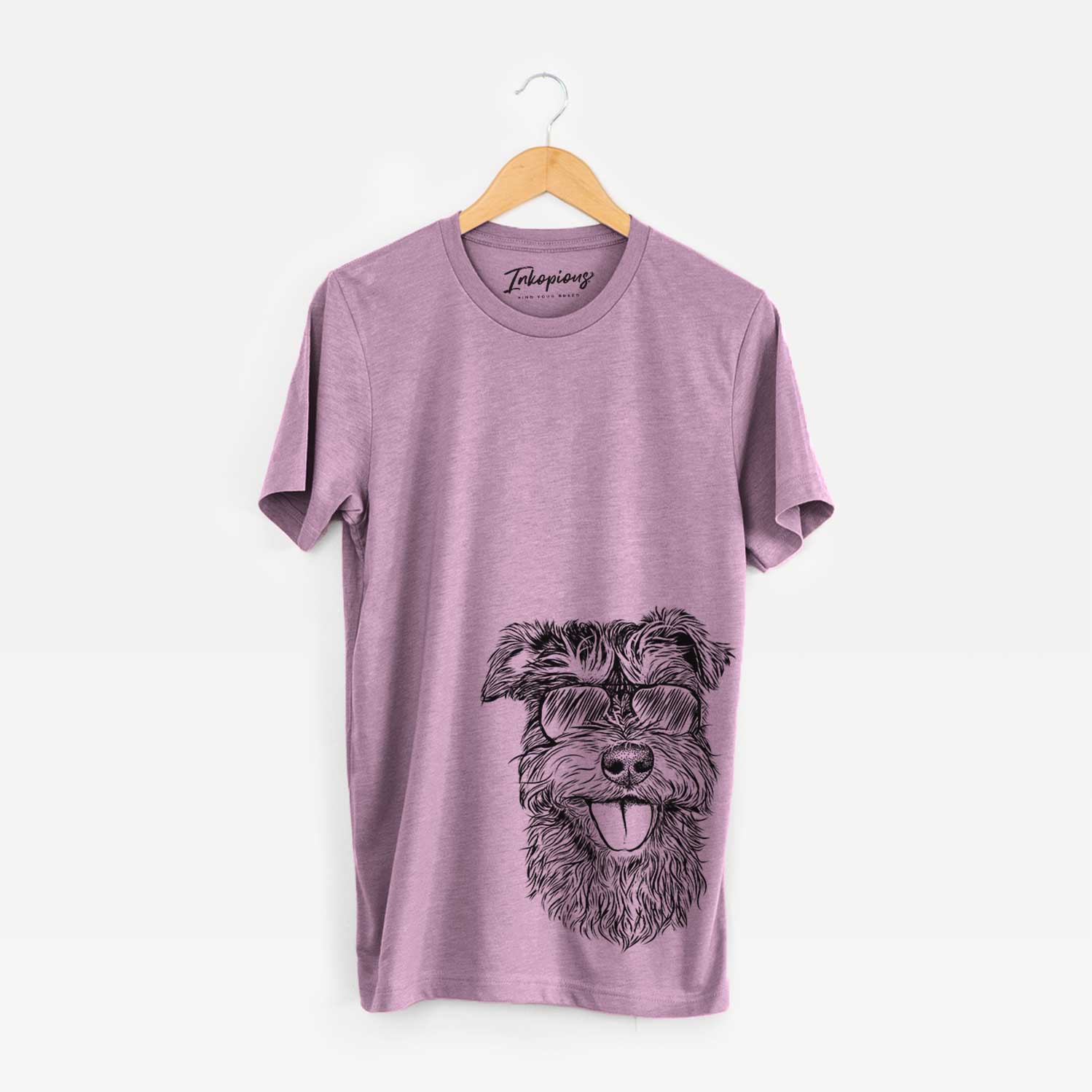 Hand-drawn sketch of Buster the Schnoodle wearing aviator sunglasses on an Orchid Bella Canvas Unisex Crewneck