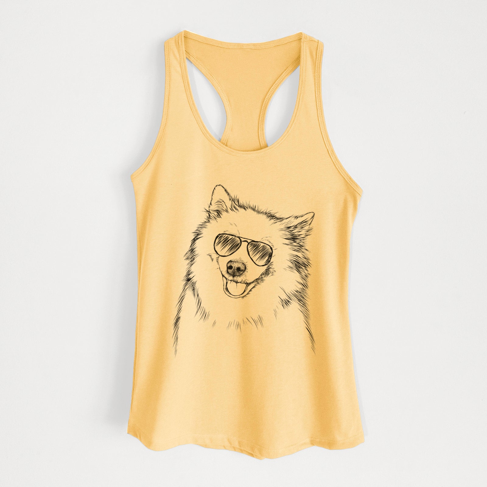 Hand-drawn sketch of Caico the Samoyed wearing aviator sunglasses on a Banana Cream Women's racerback tanktop