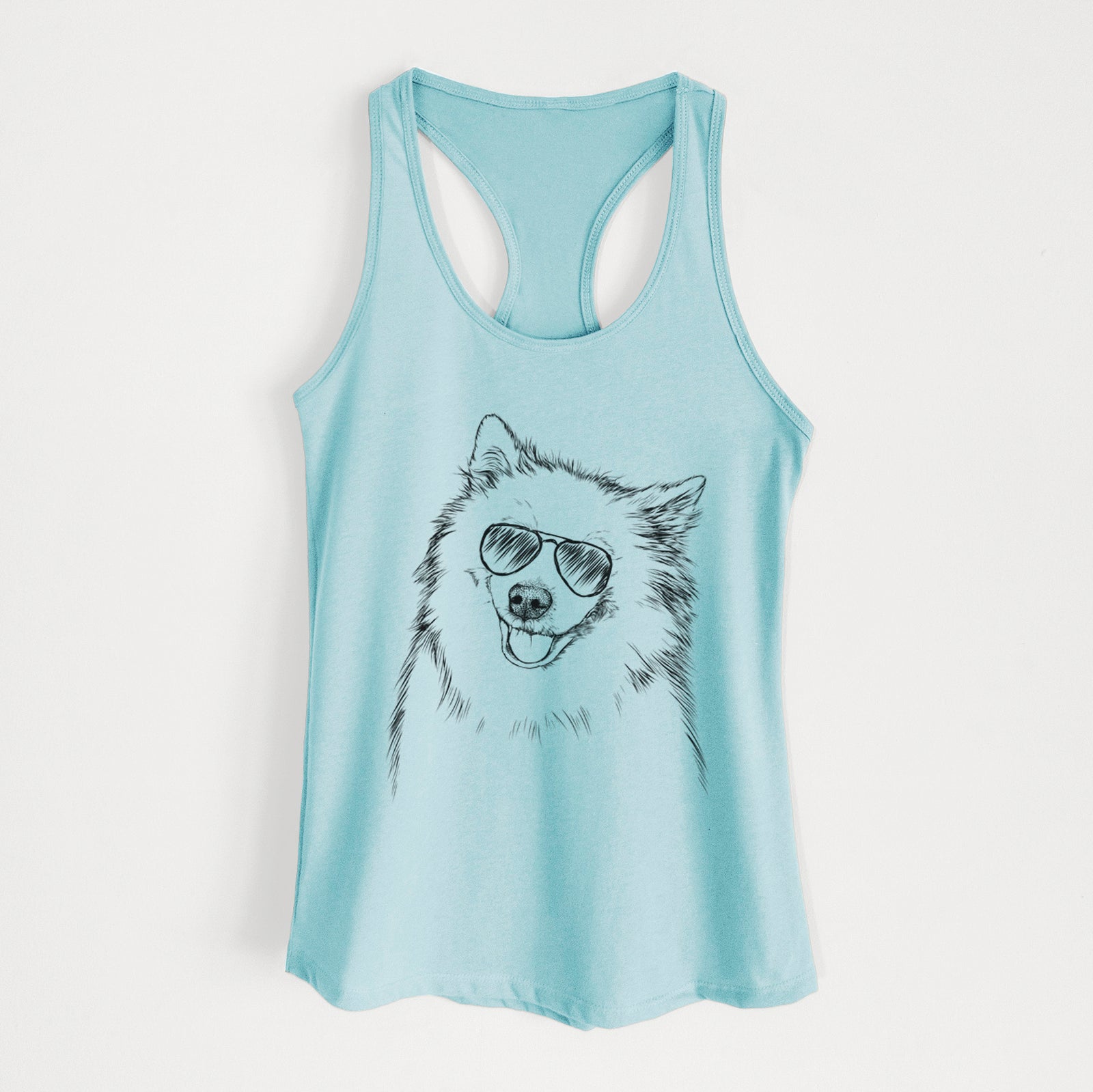 Hand-drawn sketch of Caico the Samoyed wearing aviator sunglasses on a Cancun Blue Women's racerback tanktop
