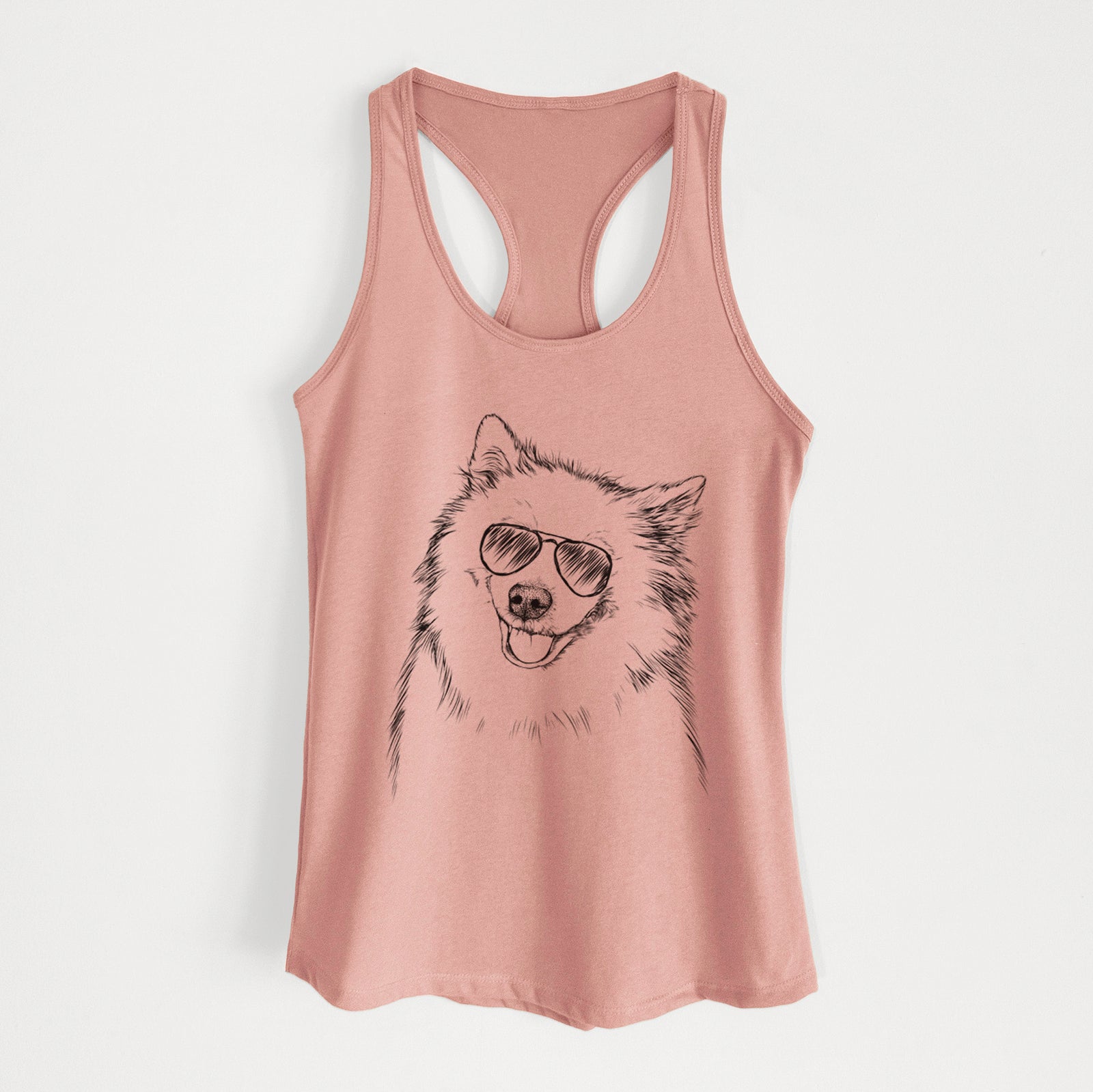 Hand-drawn sketch of Caico the Samoyed wearing aviator sunglasses on a Desert Pink Women's racerback tanktop