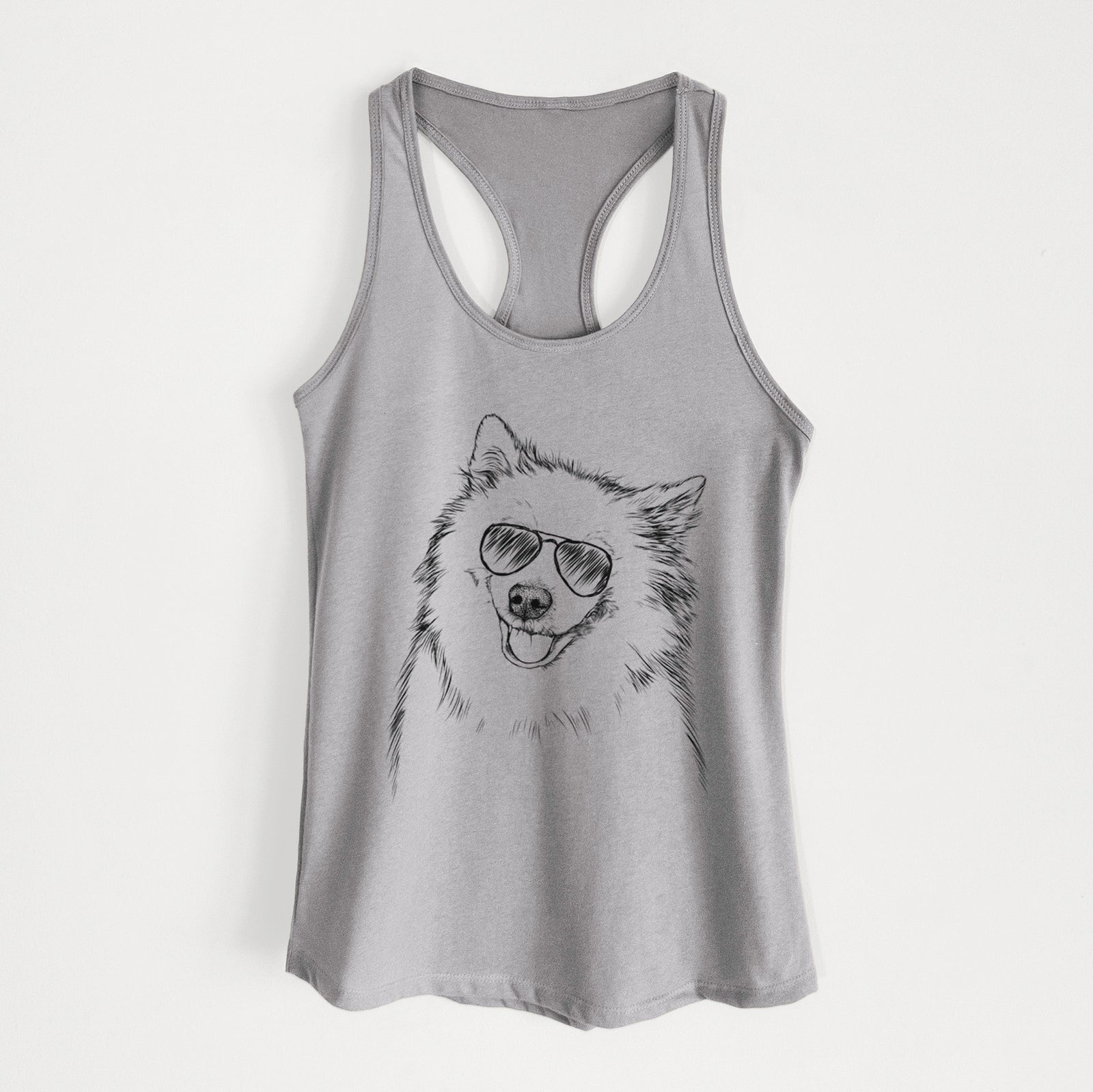 Hand-drawn sketch of Caico the Samoyed wearing aviator sunglasses on a Heather Grey Women's racerback tanktop