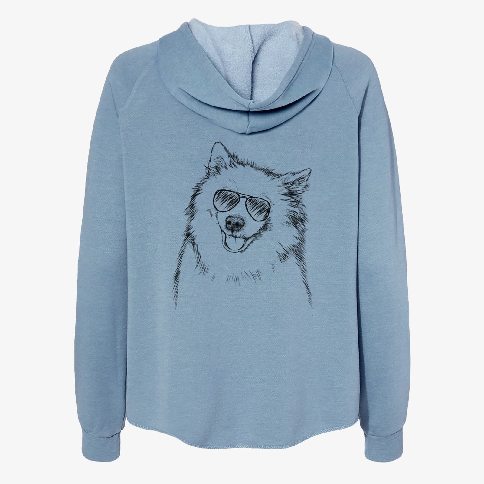 Hand-drawn sketch of Caico the Samoyed wearing aviator sunglasses on a Misty Blue Women's cali wave zip-up sweatshirt