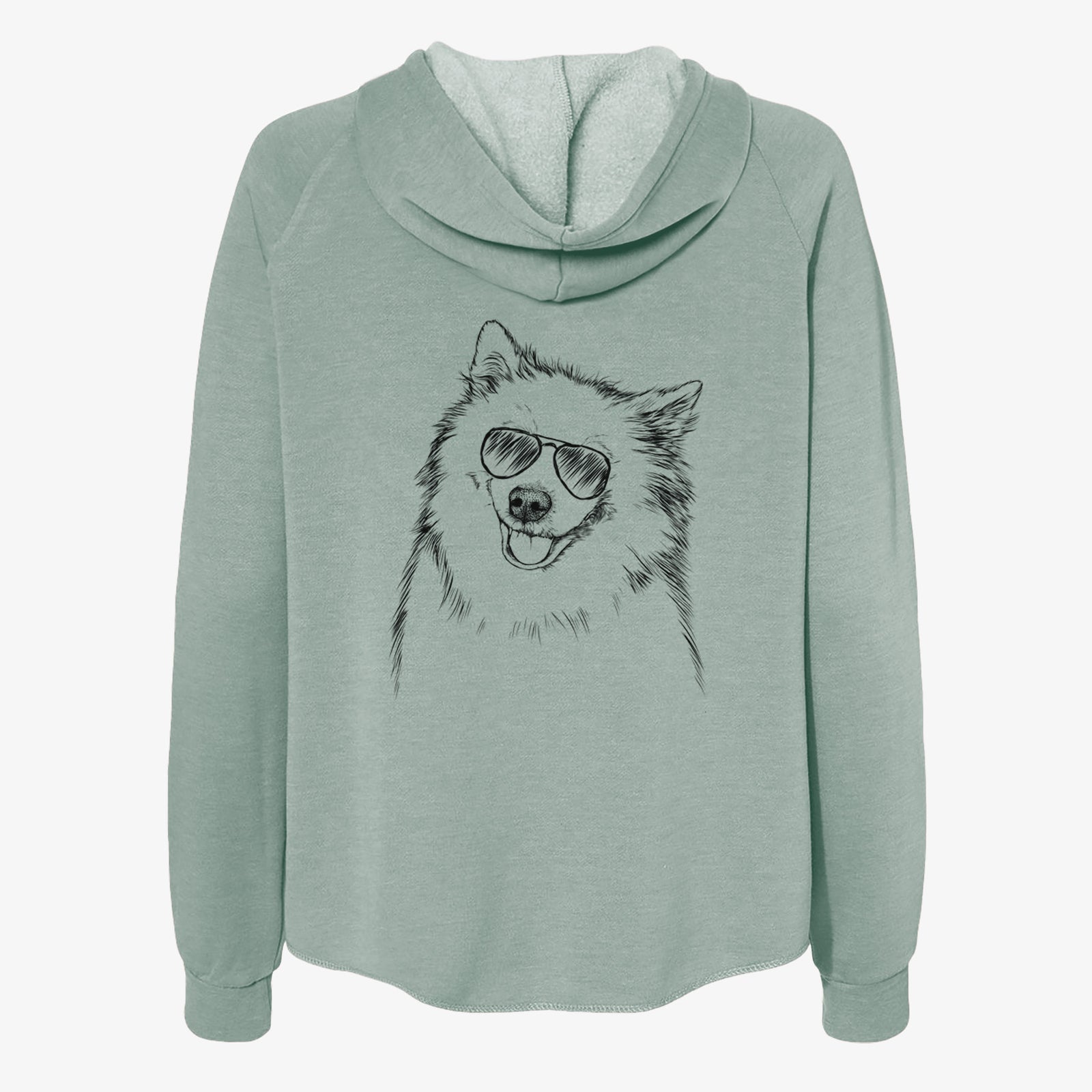 Hand-drawn sketch of Caico the Samoyed wearing aviator sunglasses on a Sage Women's cali wave zip-up sweatshirt
