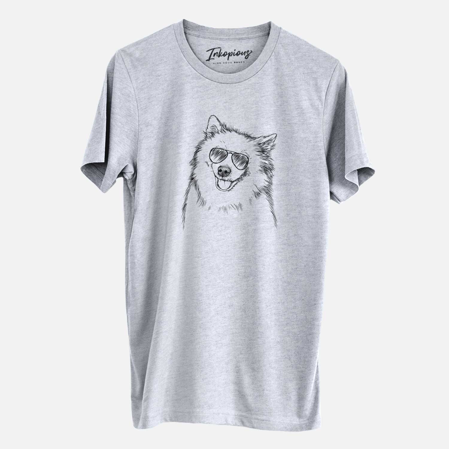 Hand-drawn sketch of Caico the Samoyed wearing aviator sunglasses on a Grey Unisex crewneck