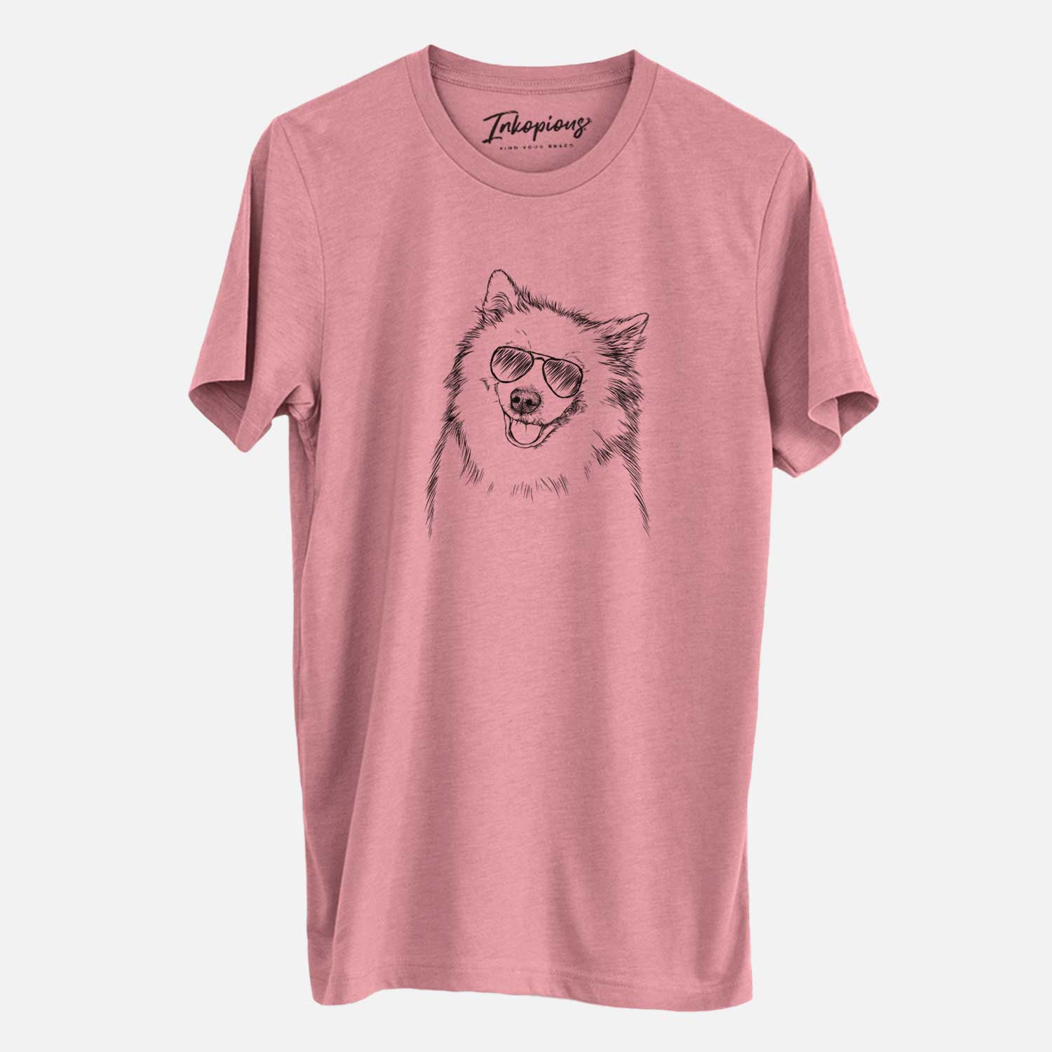 Hand-drawn sketch of Caico the Samoyed wearing aviator sunglasses on a Mauve Unisex crewneck