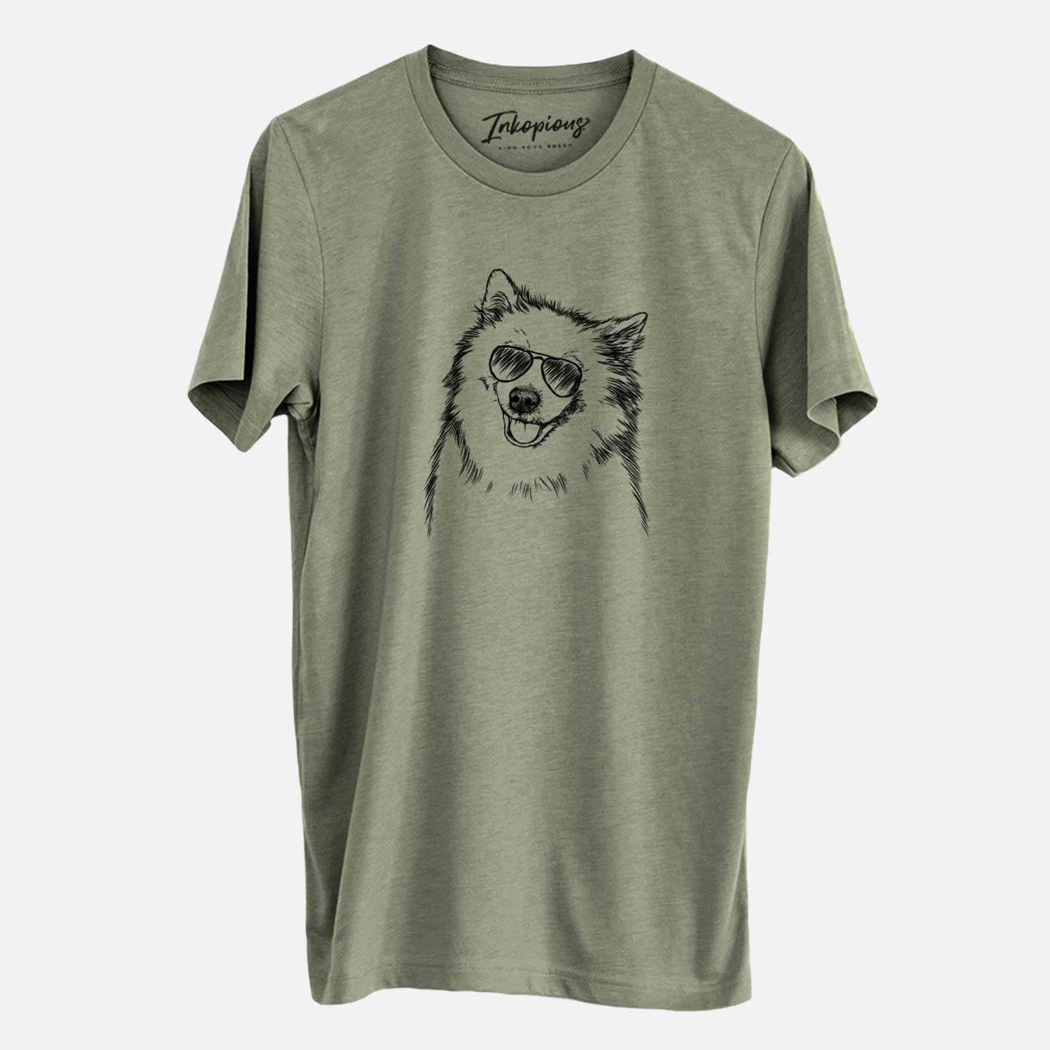 Hand-drawn sketch of Caico the Samoyed wearing aviator sunglasses on an Olive Unisex crewneck