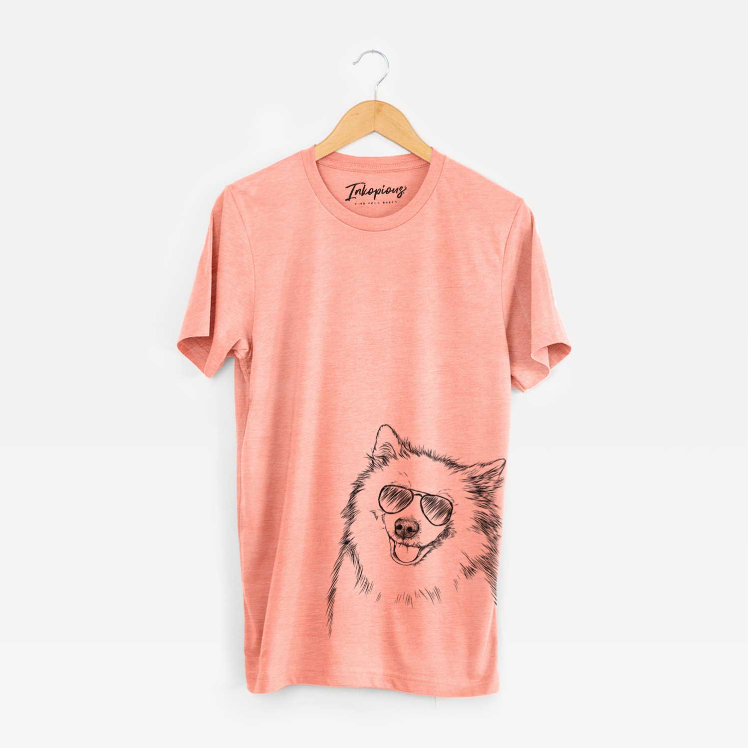 Hand-drawn sketch of Caico the Samoyed wearing aviator sunglasses on a Sunset Unisex crewneck